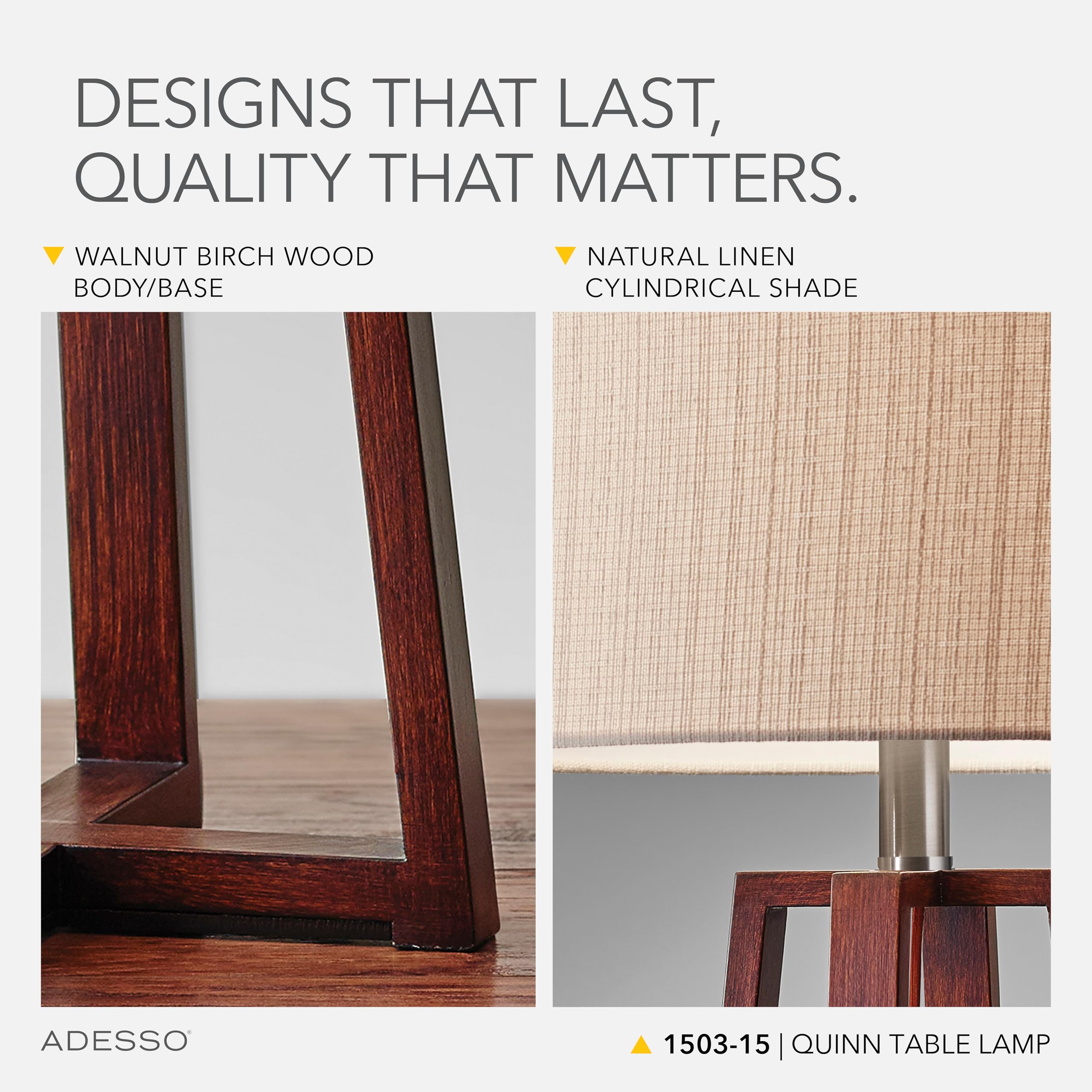 Adesso Quinn Table Lamp - Walnut Birch Wood & Natural Linen Shade - Perfect Nightstand, End Table, And Desk Lamp
