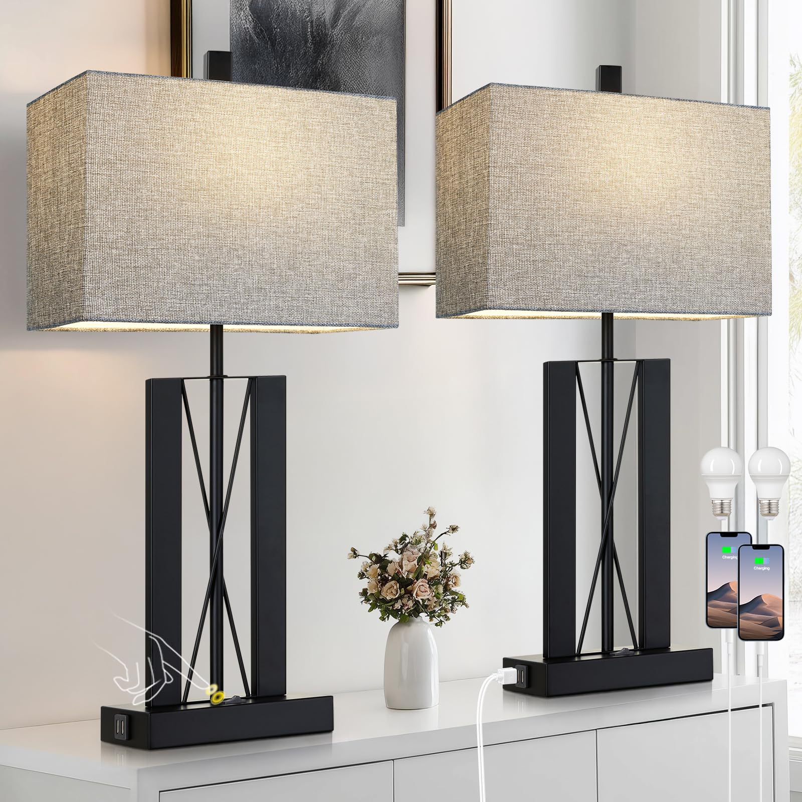 Lolikit 25 Table Lamps Set of 2, Modern Table Lamp for Living Room with 2 USB Charging Ports, Nightstand Geometric Industrial Be