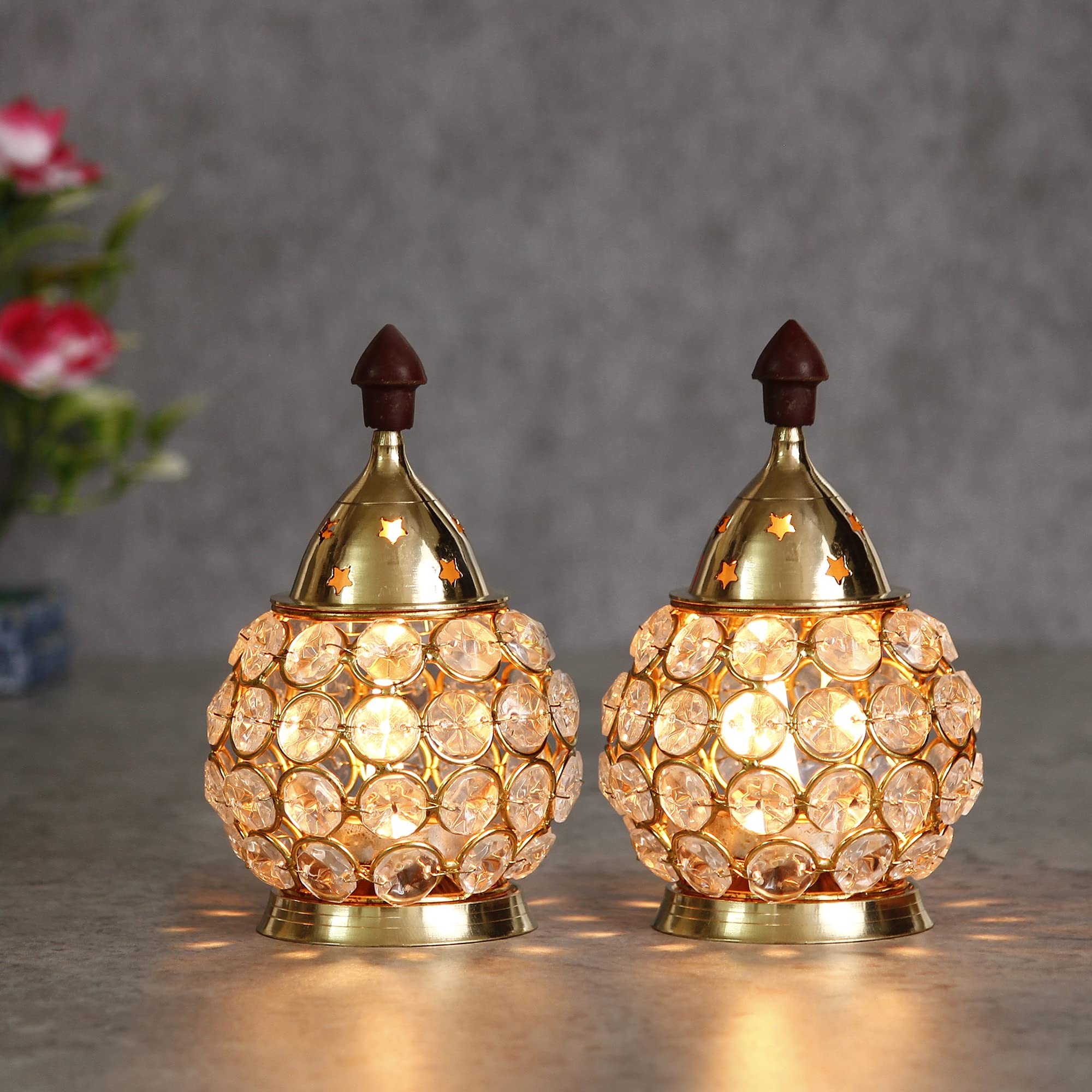 eCraftIndia Set of 2 Crystal and Brass Akhand Diya