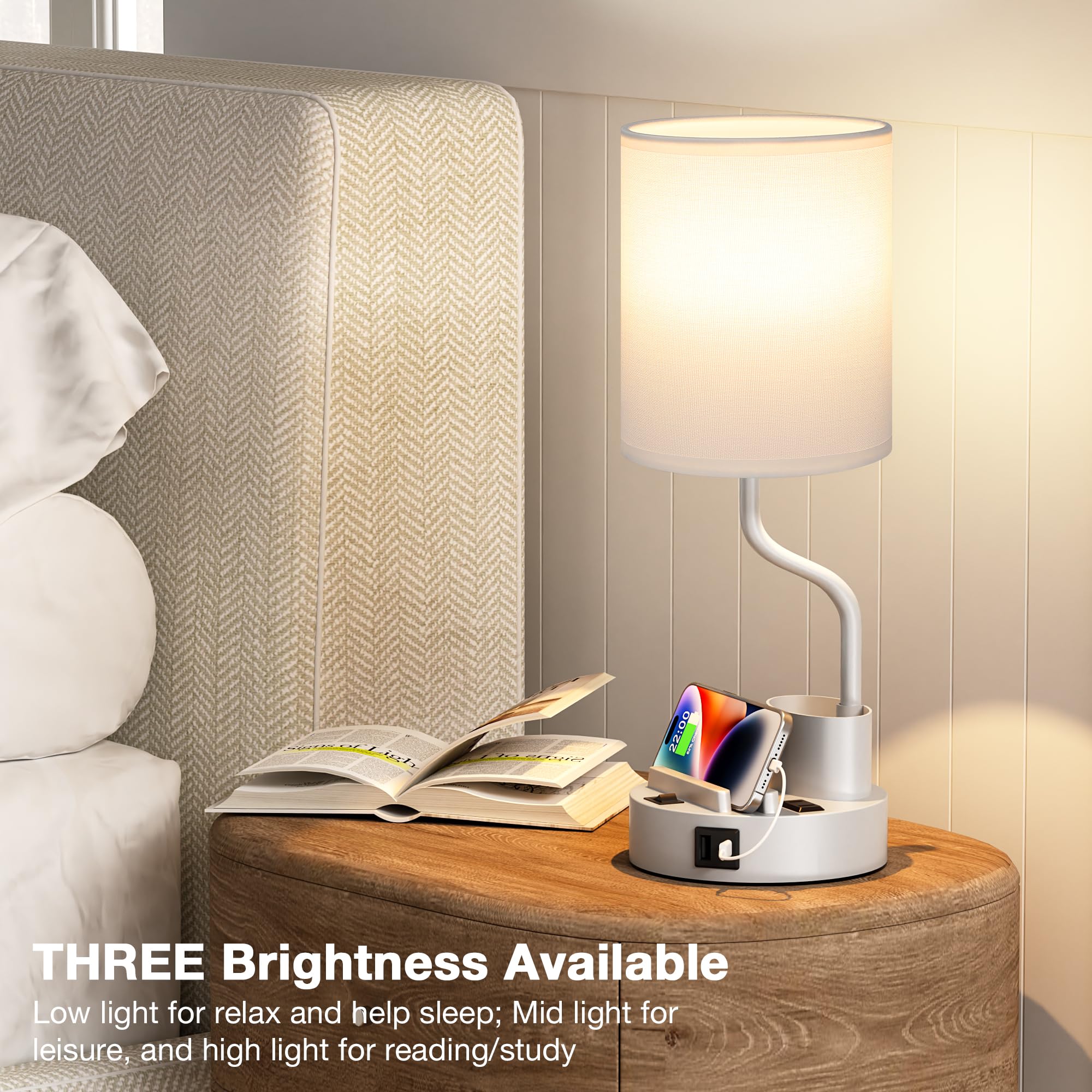 Fenmzee Grey Bedside Table Lamps Set of 2 - Nightstand Light with AC Outlet & USB Charging, Metal, 3 Color Temperatures, Model Lamps 23-1