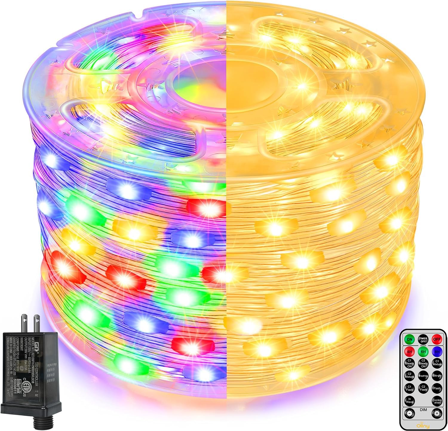 Ollny Christmas Lights Warm and Multicolor, 600LED 197FT Christmas Tree Lights IP67 Waterproof, Plug in Fairy Lights with Remote