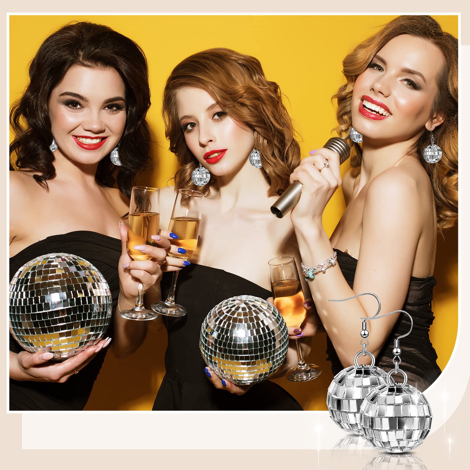 Kigeli Disco Ball Earrings for Women, 24 Pairs, Silver Glass, Model Kigeli-98541, Party Accessories, Hippie Jewelry