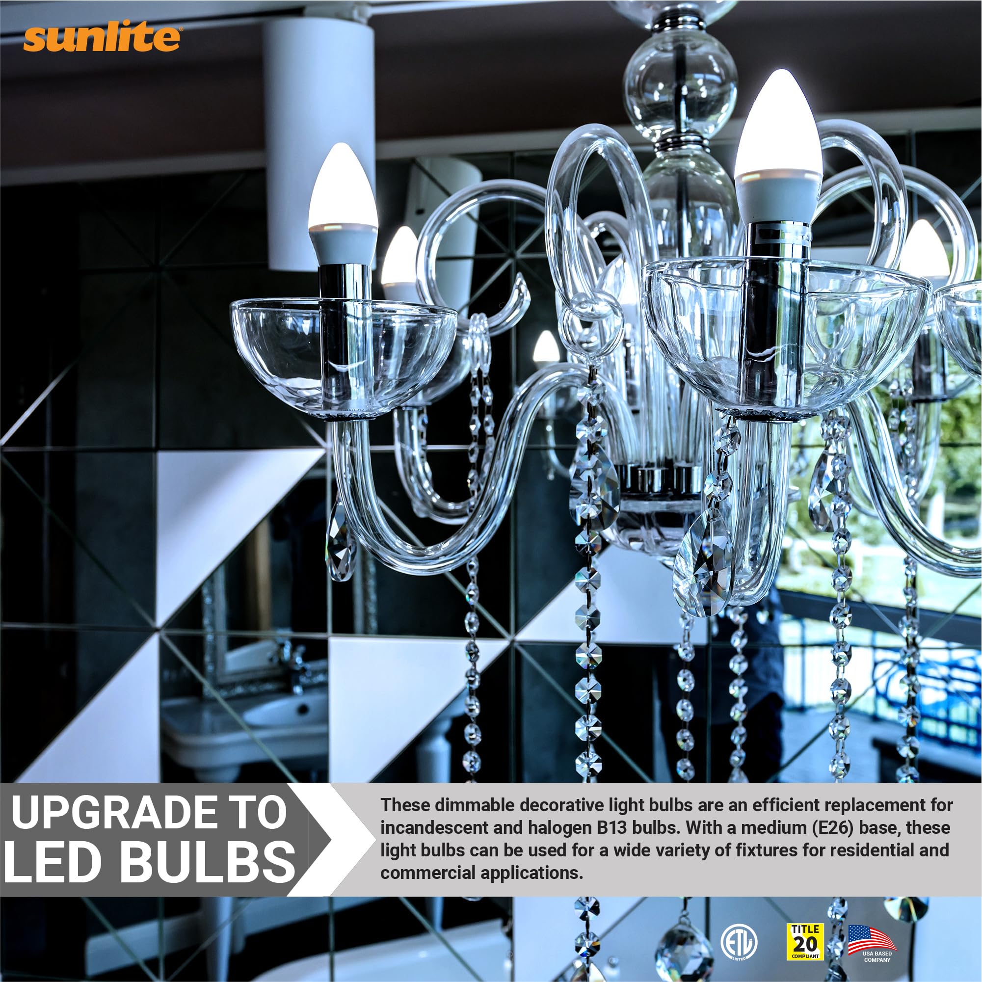 Sunlite Led B13 Torpedo Decorative Chandelier Light Bulb, 7 Watts (60W=), 500 Lumens, 120 Volts, Dimmable, E26 Base, 90 Cri, Etl