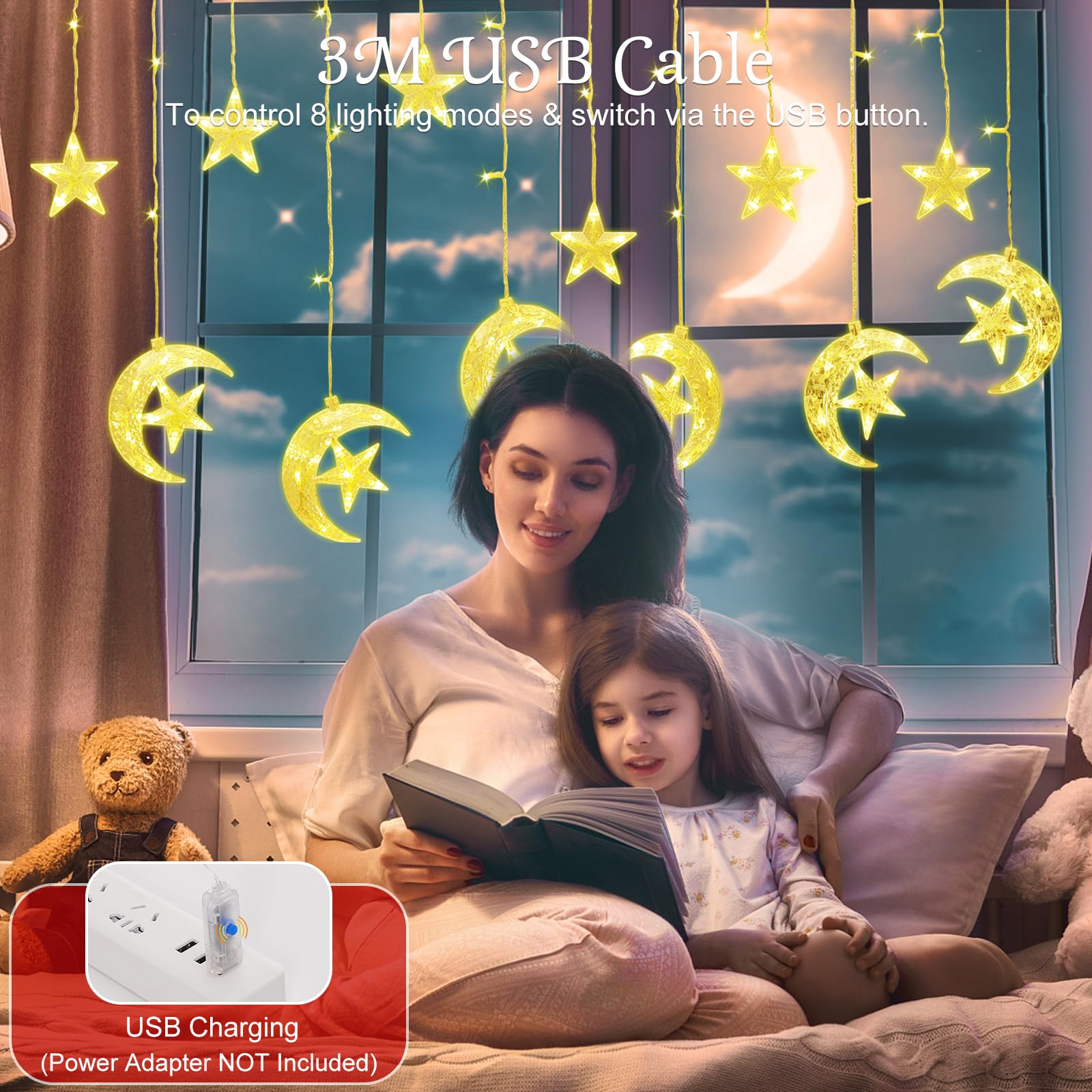 Lewondr 138 Led Star Moon String Curtain Lights,Hanging Fairy Lights With 6H Timer & 8 Modes,Usb & Remote Control Ramadan String Lights For Christmas Bedroom Wedding Party Xmas Indoor Decor,Warm Light