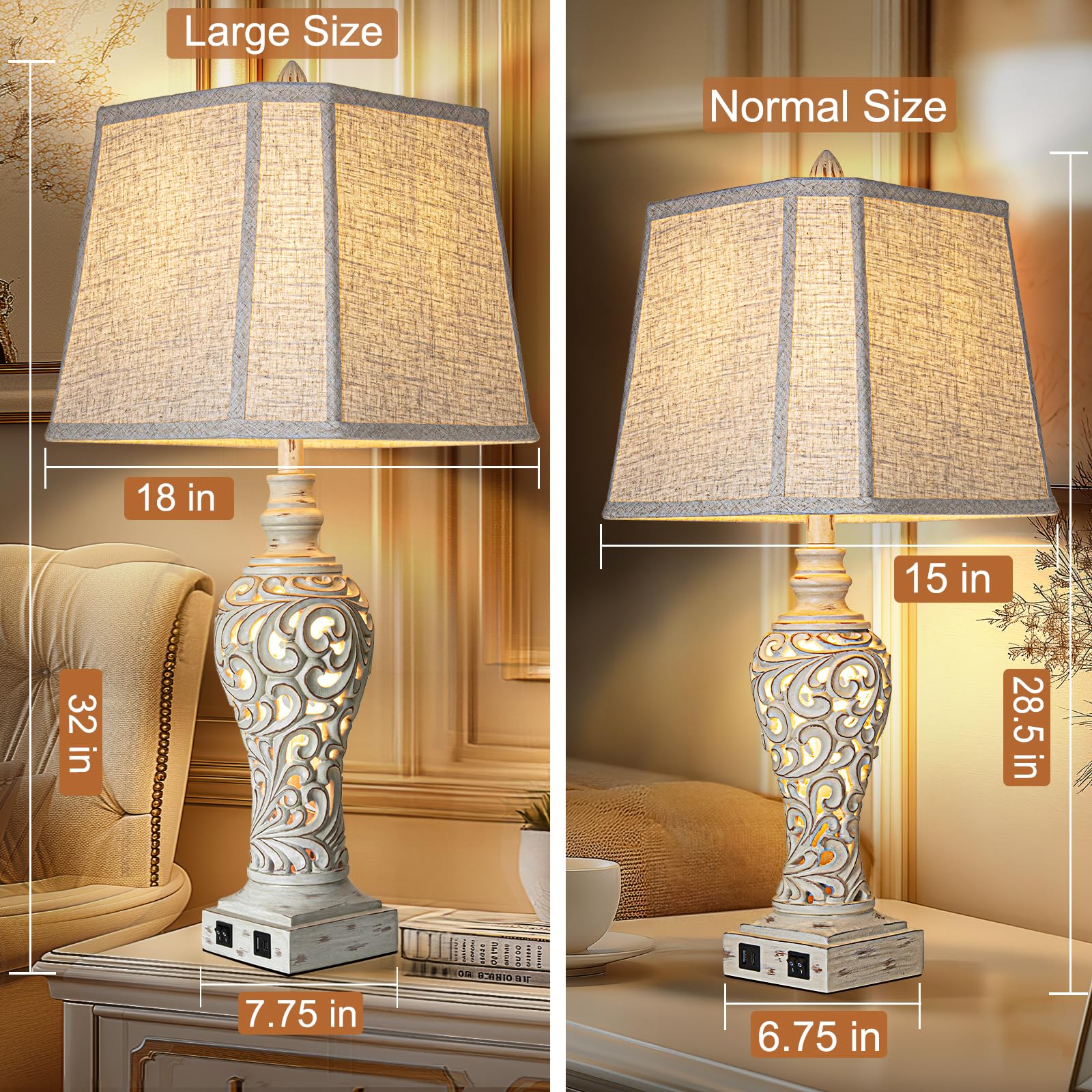 LuxSight Collection 32" Tall Table Lamps Set of 2, Cream Fabric Shades, USB Nightlight, Bulbs Included - Ideal for Bedroom & Living Room