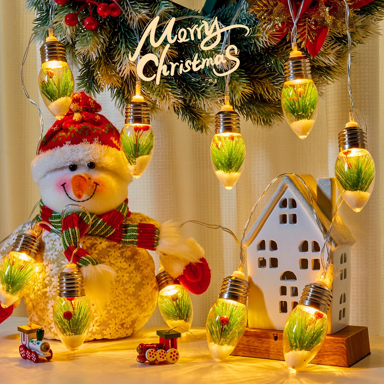 Brightown Christmas Lights Indoor, 7.5Ft Christmas Snow Globe Lights With Berry & Pine Needles,Battery Powered String Lights For