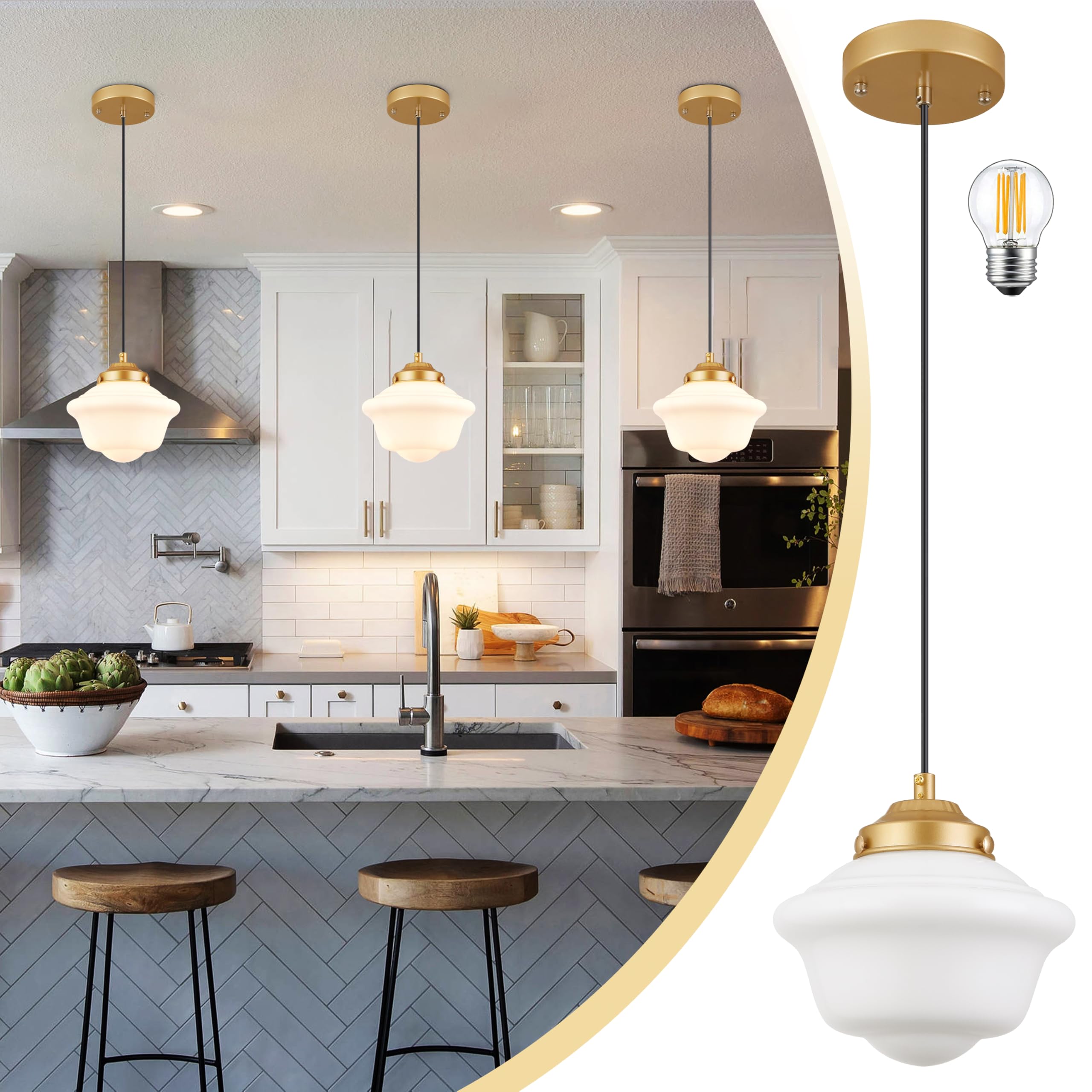 AyshwillDec Gold Schoolhouse Light Fixture 8'' Milk Glass Light Fixture Mid Century Pendant Light Milk Glass Pendant Light Schoo