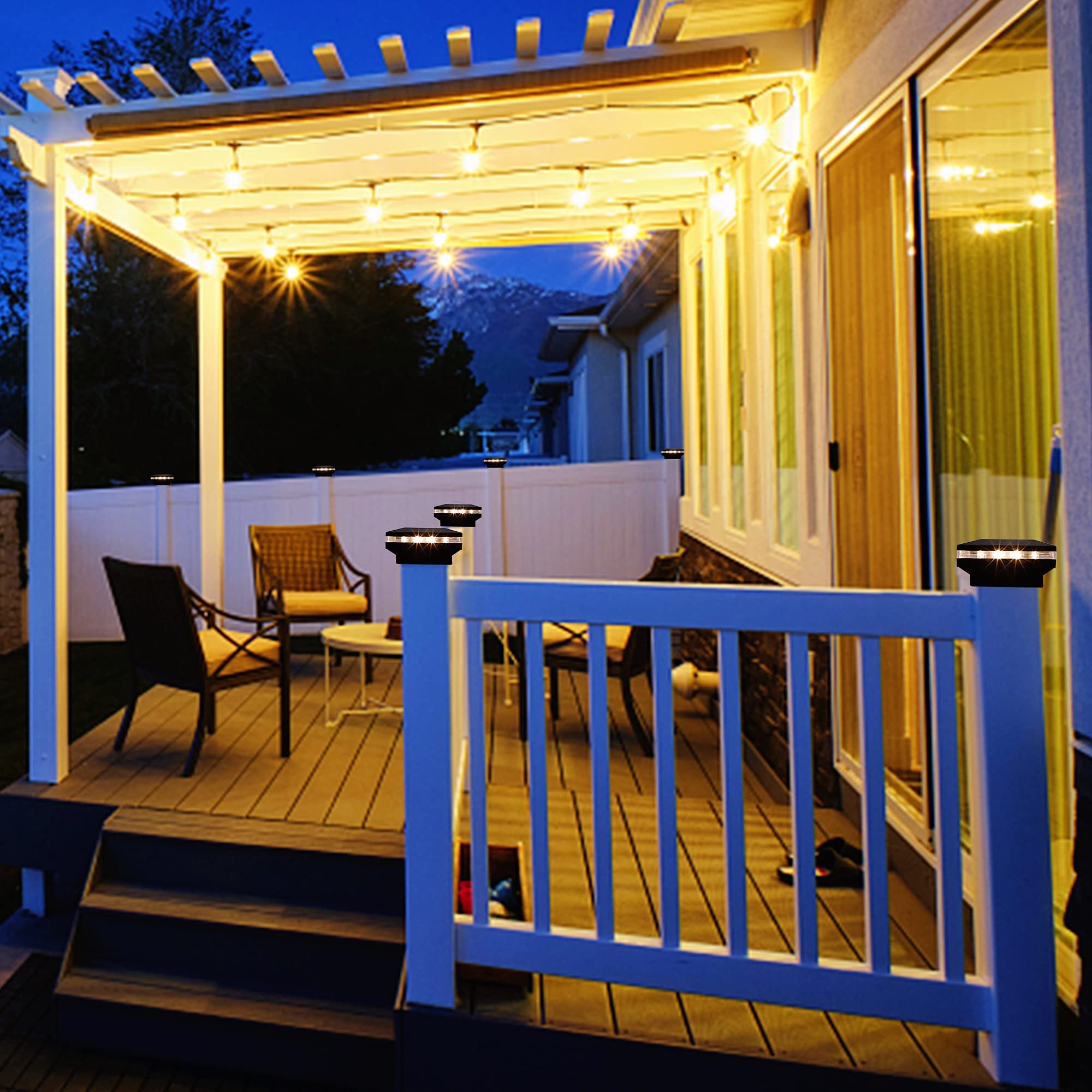 Dynaming 8 Pack Solar Post Lights, Outdoor Decorative Post Cap Light, Solar Powered Black Shell Caps, Brightness Warm White Led