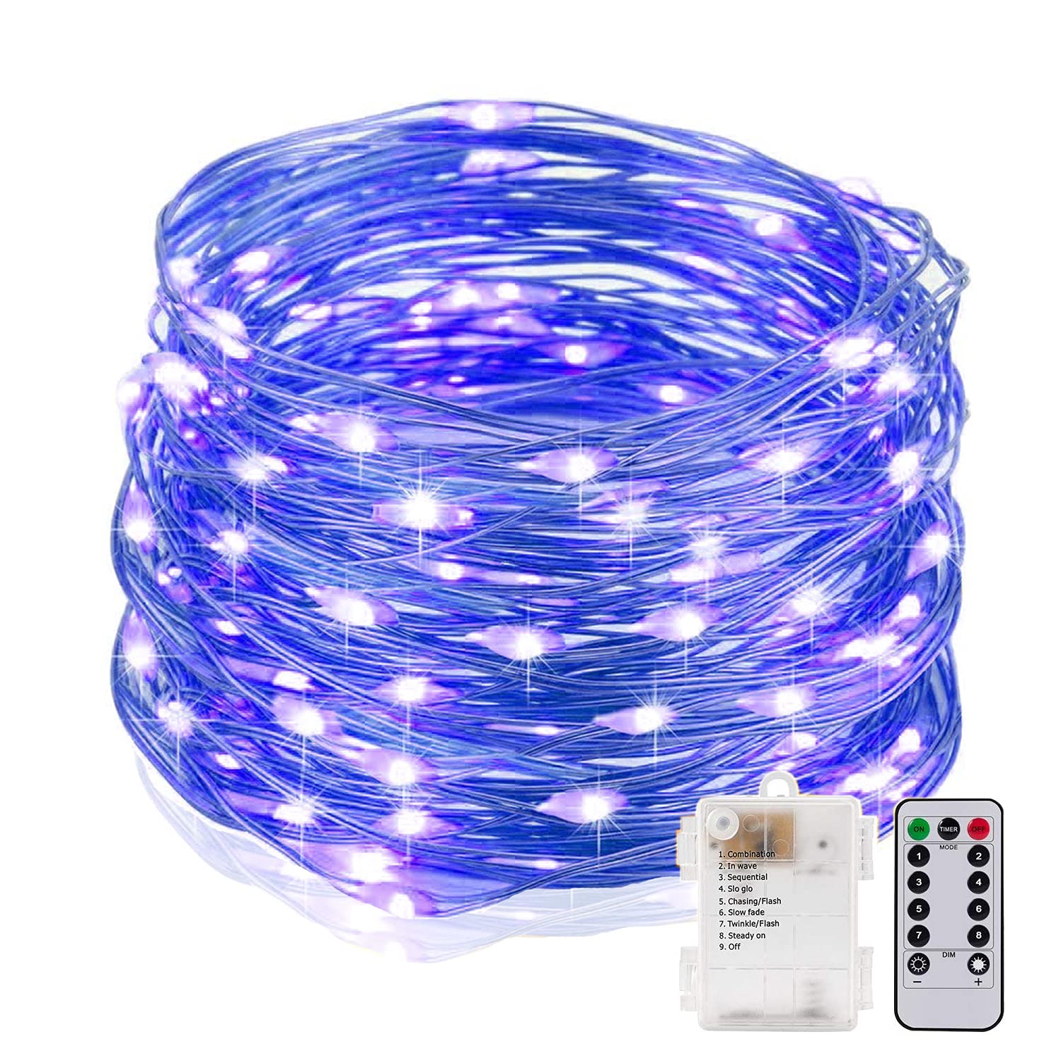 Bynlna String Lights,LED Copper Wire Lights, Each Set 33ft/10M 100LEDs and 5 Remote Control.AA Battery Powered,Decor Rope Lights for Holiday,Wedding, Parties.(Purple)