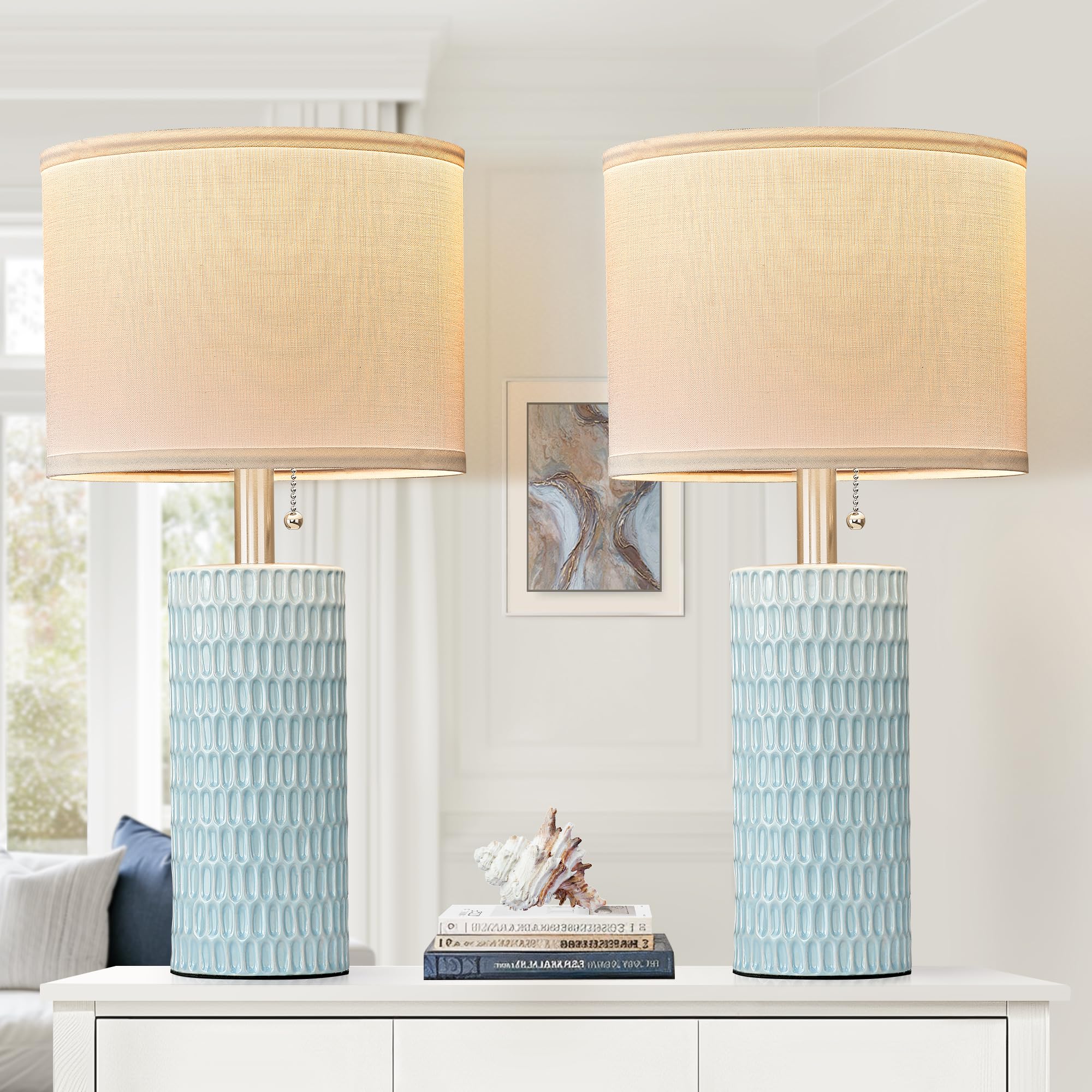 Reaketon Table Lamp Set of 2, Ceramic, 20in Sky Blue, Modern Design for Living Room, Bedroom & Home Office, Model 102-1TMBL