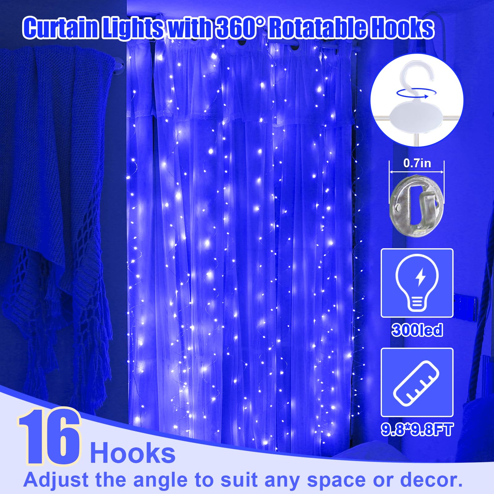 SINAMER Curtain Light USB Powered Fairy Lights, 9.8ft x 9.8ft, Copper Wire, 8 Lighting Modes, Remote Control, Blue