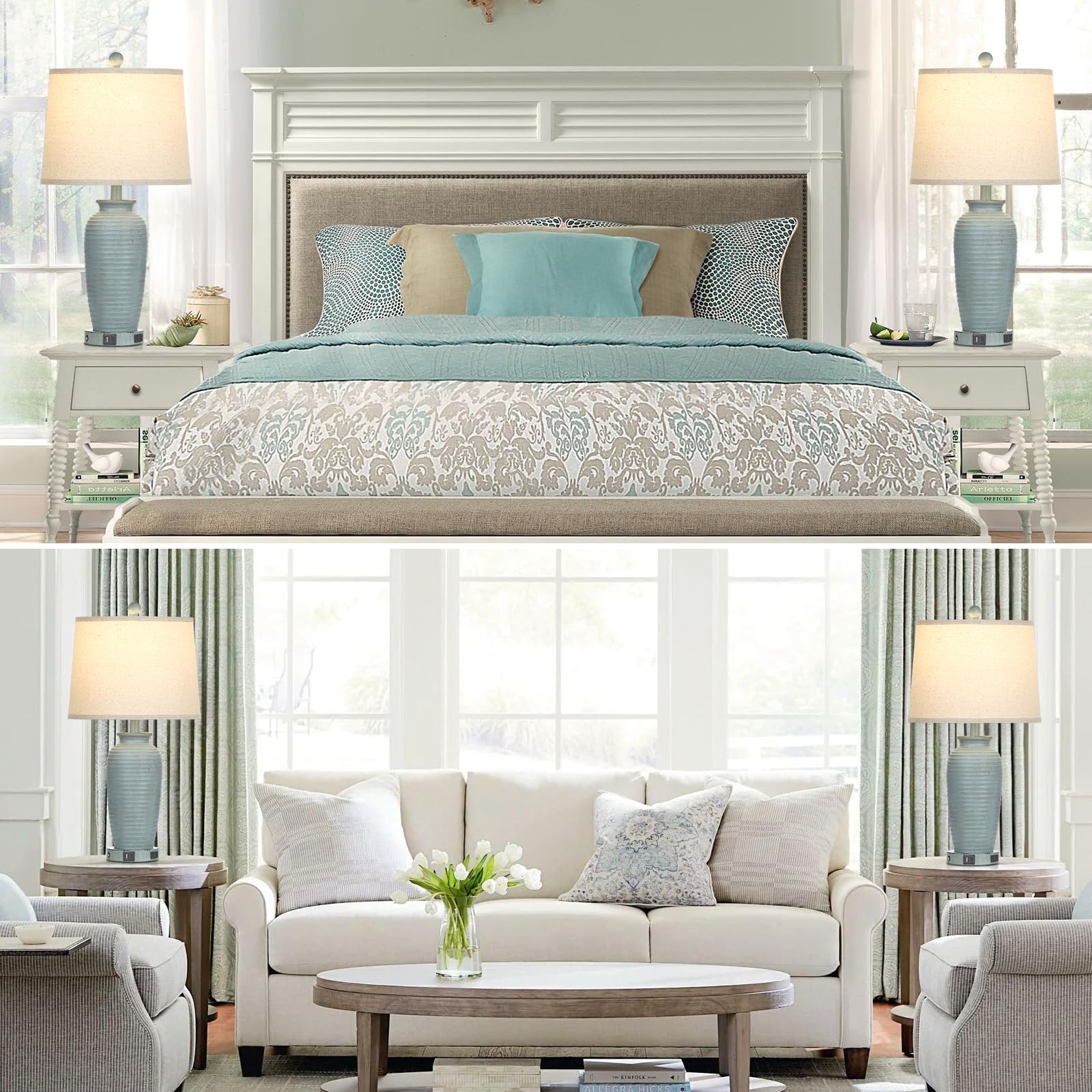 Cinsary 25&quot; Farmhouse Touch Control Table Lamps Set Of 2 With Usb & Ac Outlet, Blue