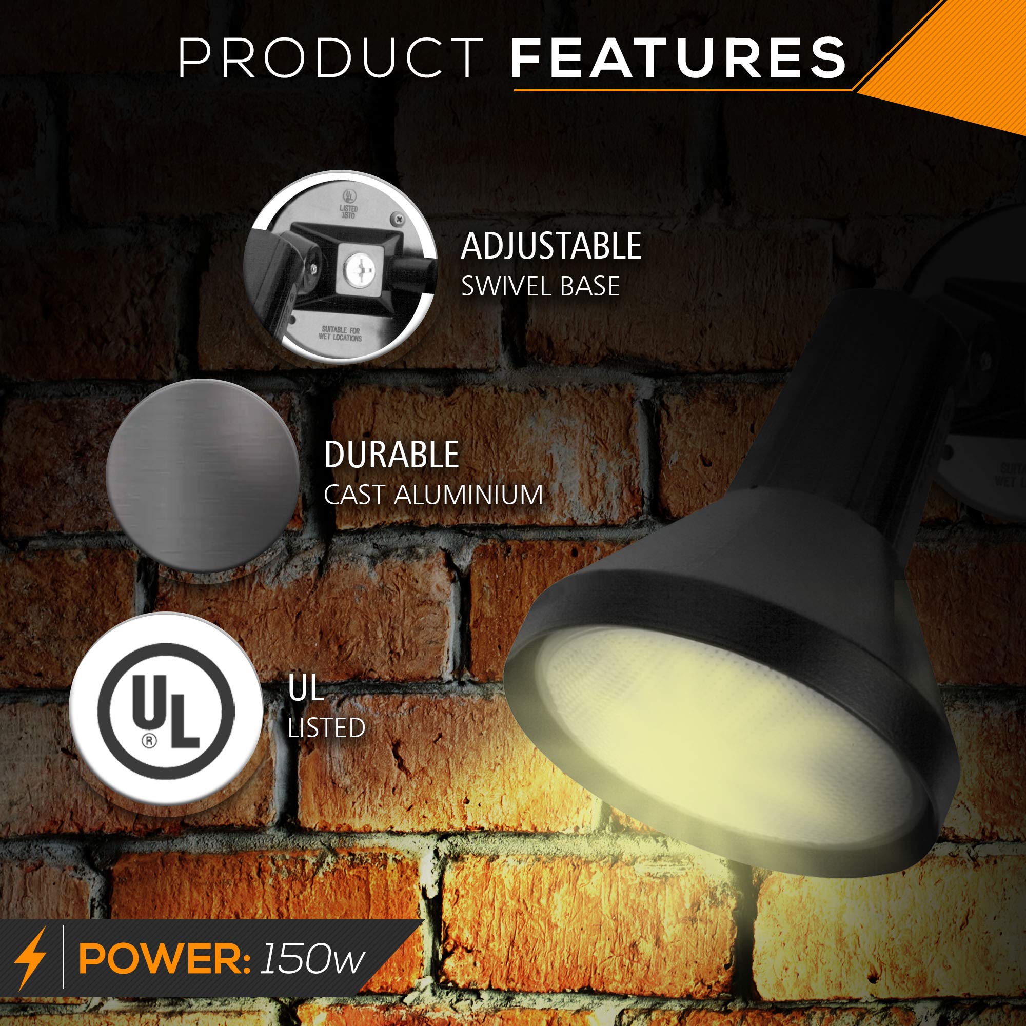 Ciata 15in Outdoor Security Flood Light, 150W PAR38, Heavy Duty Cast Aluminum, Weather Proof, Black Finish