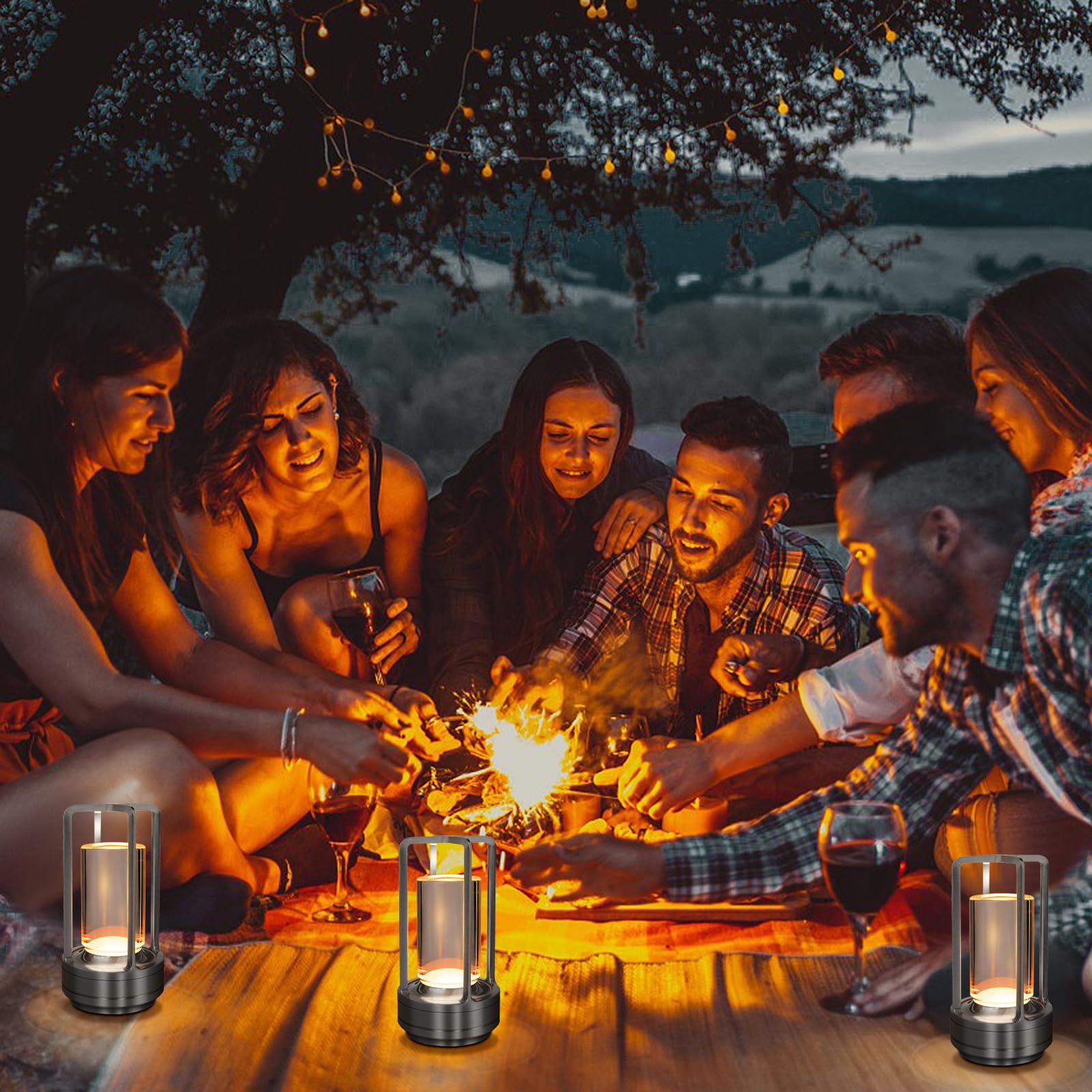 Cordless Table Lamp For Outdoor Indoor, Portable Metal Desk Lamp, Rechargeable Led Crystal Lantern Lamp, 3 Color Stepless Dimming Touch, Battery Powered Table Light For Bedroom Restaurant (Black)
