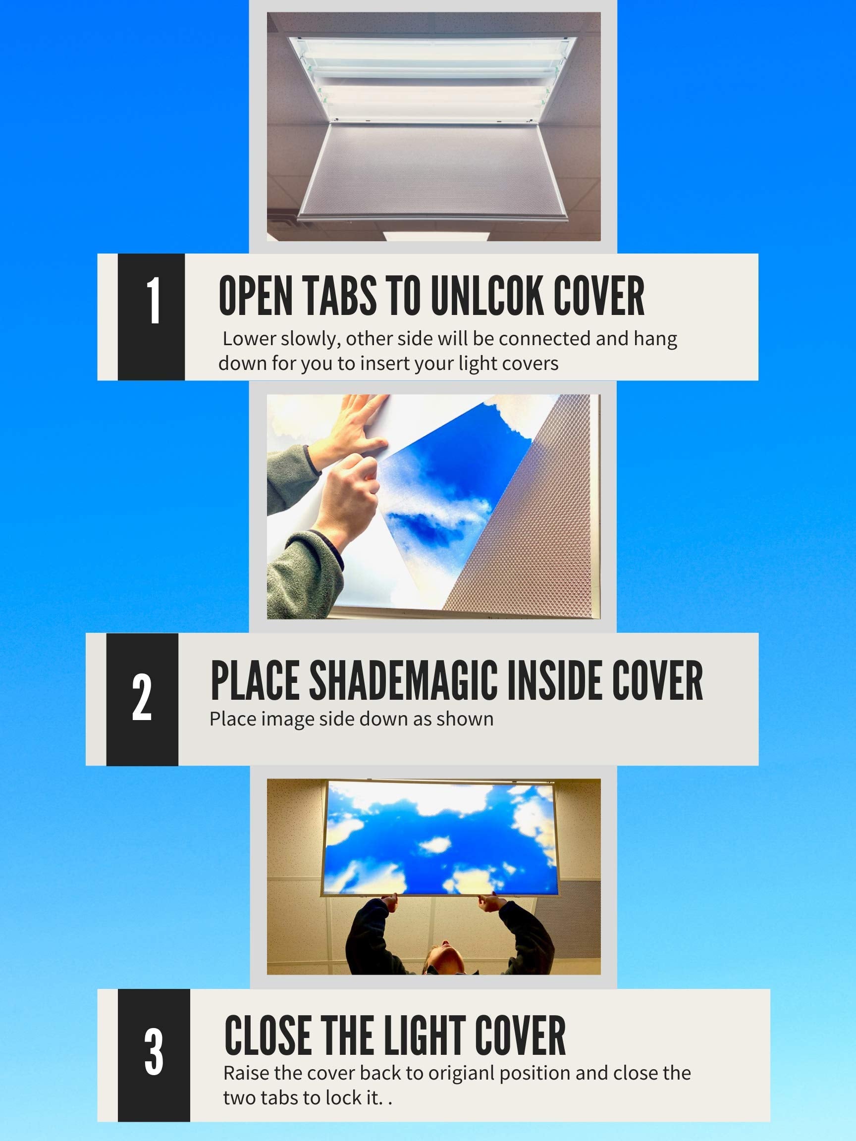 Shademagic - 4 Pack Of Fluorescent Light Covers - 2X4 Film Insert For Ceiling Light Diffuser Panels - Sky Clouds - For Classrooms And Offices - Decorative Lighting (4)