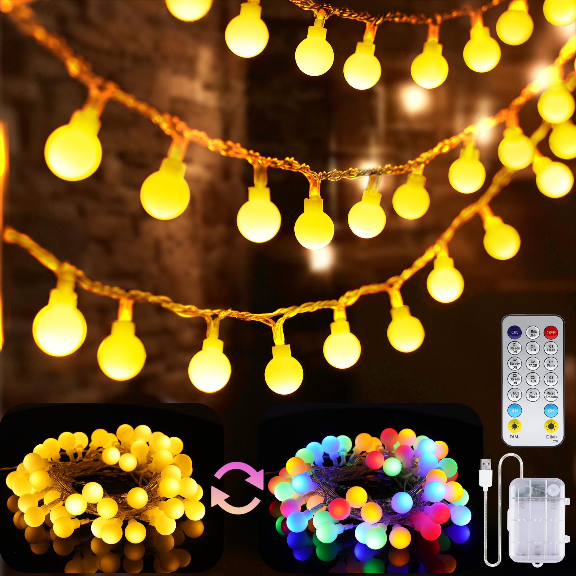 Globe String Lights Battery Operated 16.5ft 50LED Outdoor Lights with Remote Warm White Multicolor Fairy Lights for Classroom Camping Bedroom Dorm Patio Balcony Tent Party Indoor Christmas Décor