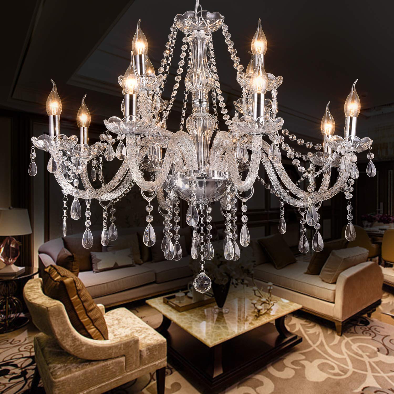 Baotree 12 Lights K9 Crystal Glass Chandelier Pendant Lighting European Style Transparent for Dining Living Room Bedroom