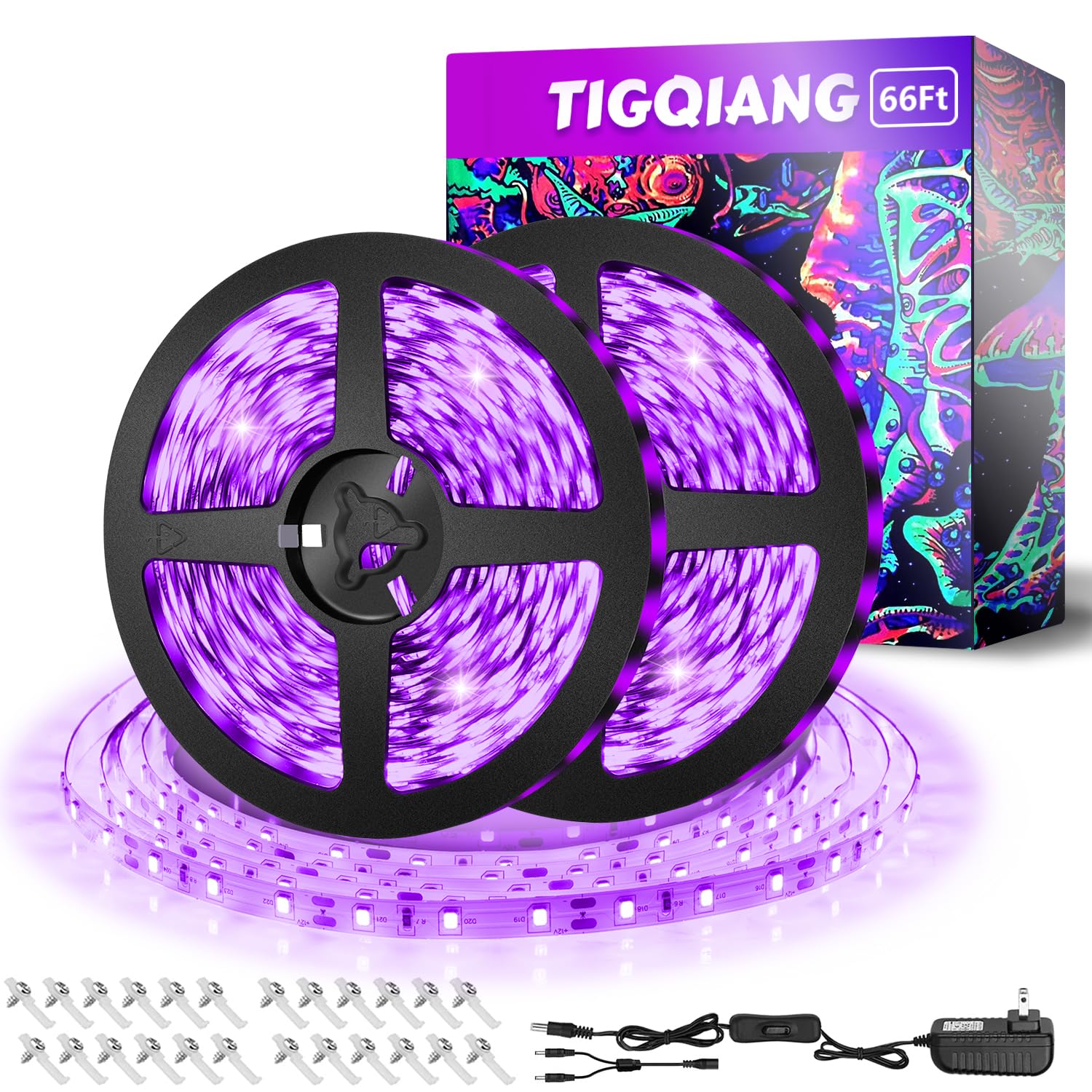 TigQiang Black Light Strip Kit, 66ft Flexible LED, 1200 Lamp Beads, 12V Non-Waterproof, Ideal for Indoor Parties