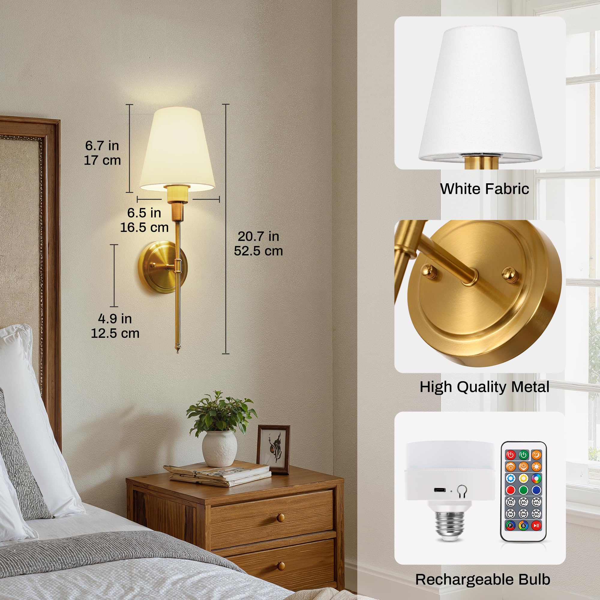 DORESshop Battery Operated Wall Sconce Set of 2, Dimmable, Metal, 20.7 inch, Gold