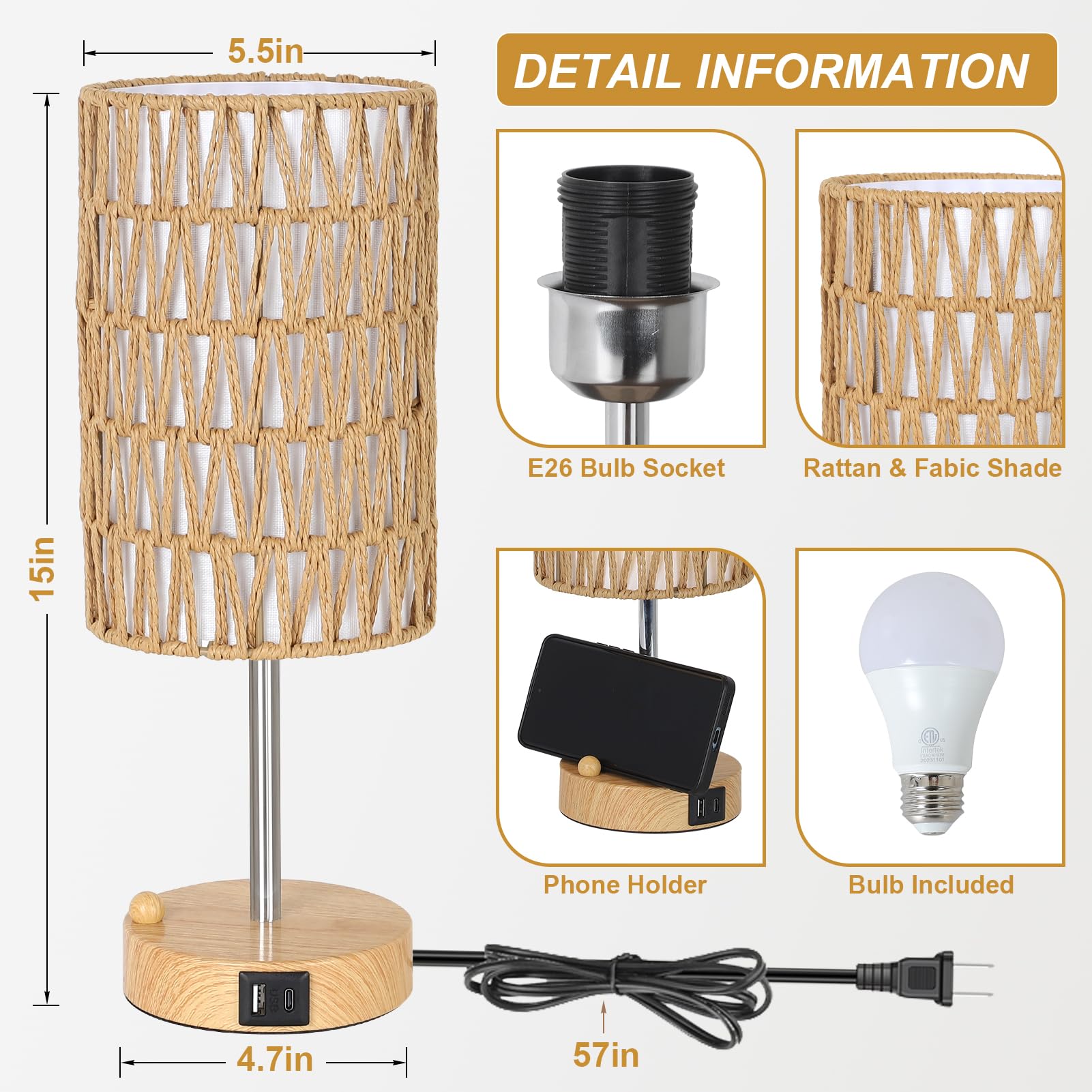 Eayaya Boho Table Lamp For Bedroom With Bulb, Small Touch Control Table Lamp For Living Room With Rattan & Linen Shade, 3 Way Di