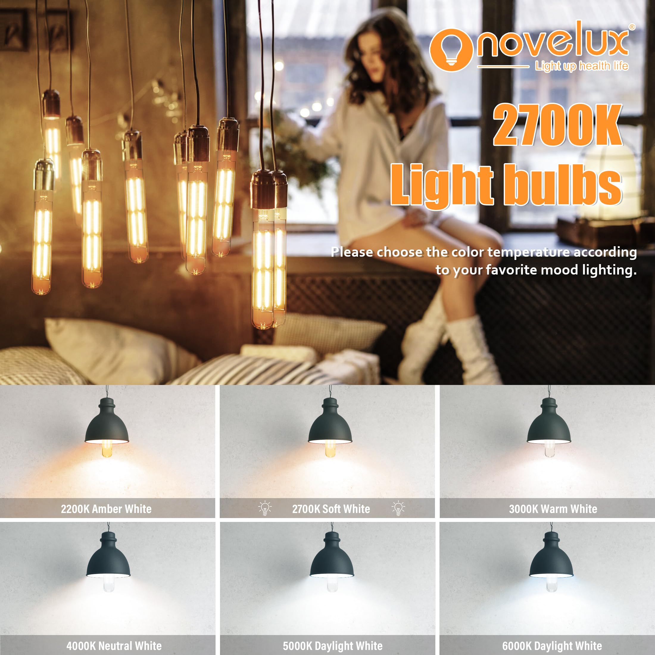 NOVELUX 8.9" T10 Dimmable LED Bulbs, E26 Base, Soft White 2700K, Vintage Glass, 800LM, 4 Pack