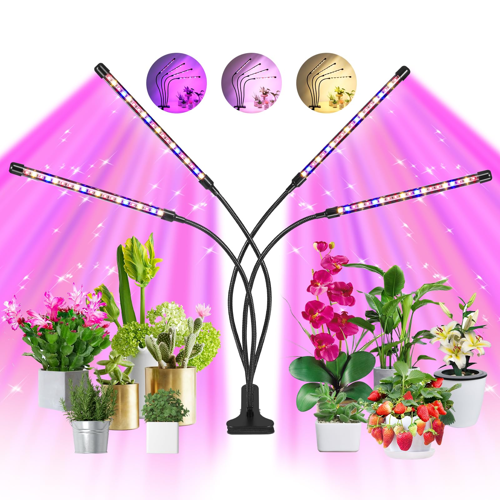 Indoor Plant Grow Light, 80 LED Black 4-Tube Lamp with Full Spectrum Red/Blue/Yellow, 6/12/16H Timer, 10-Level Dimmable, Flexibl