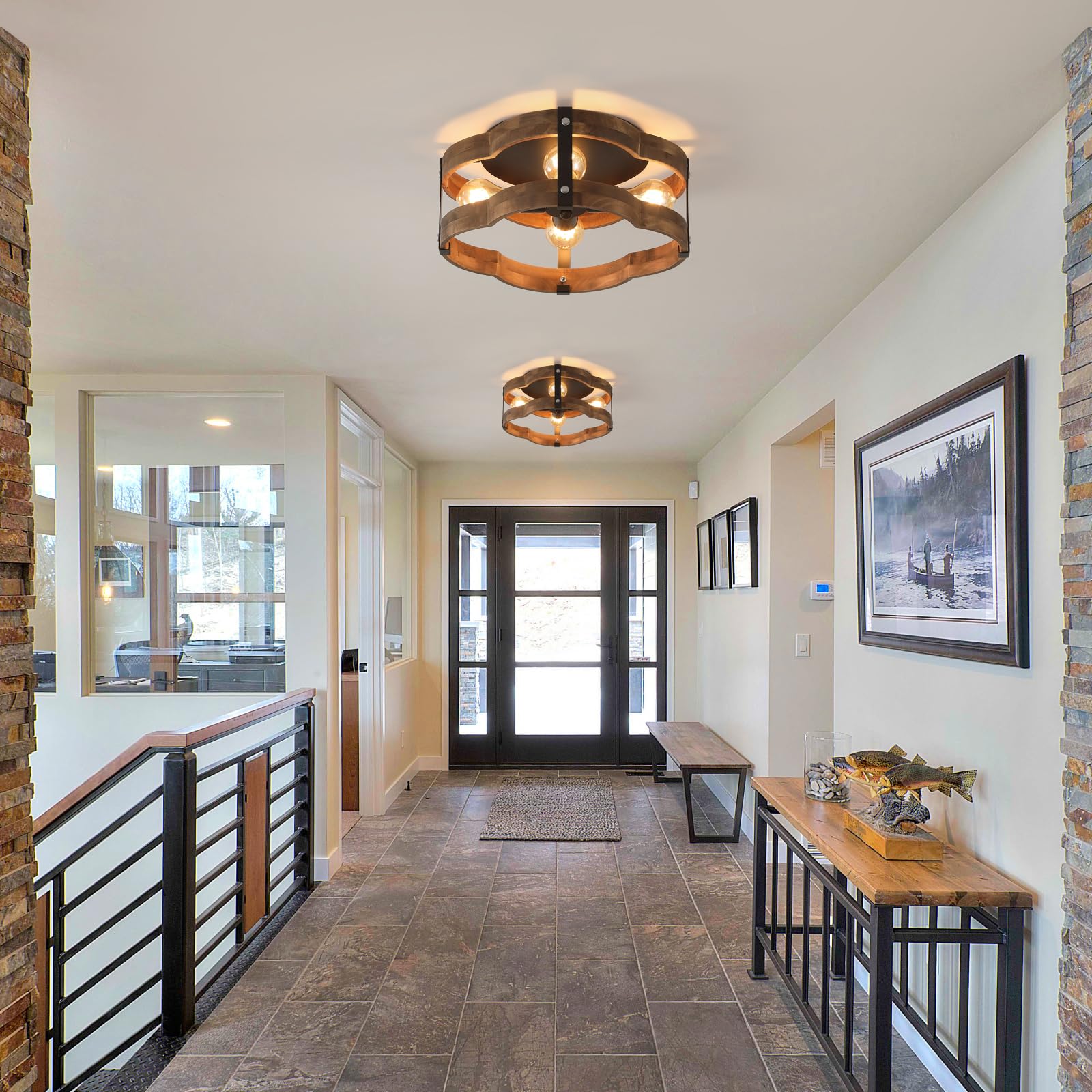 4-Light Rustic Farmhouse Wood Flush Mount Ceiling Light Fixture 14.17 Inch Oak Wood And Metal Cloud Cage Semi Flush Mount Ceilin