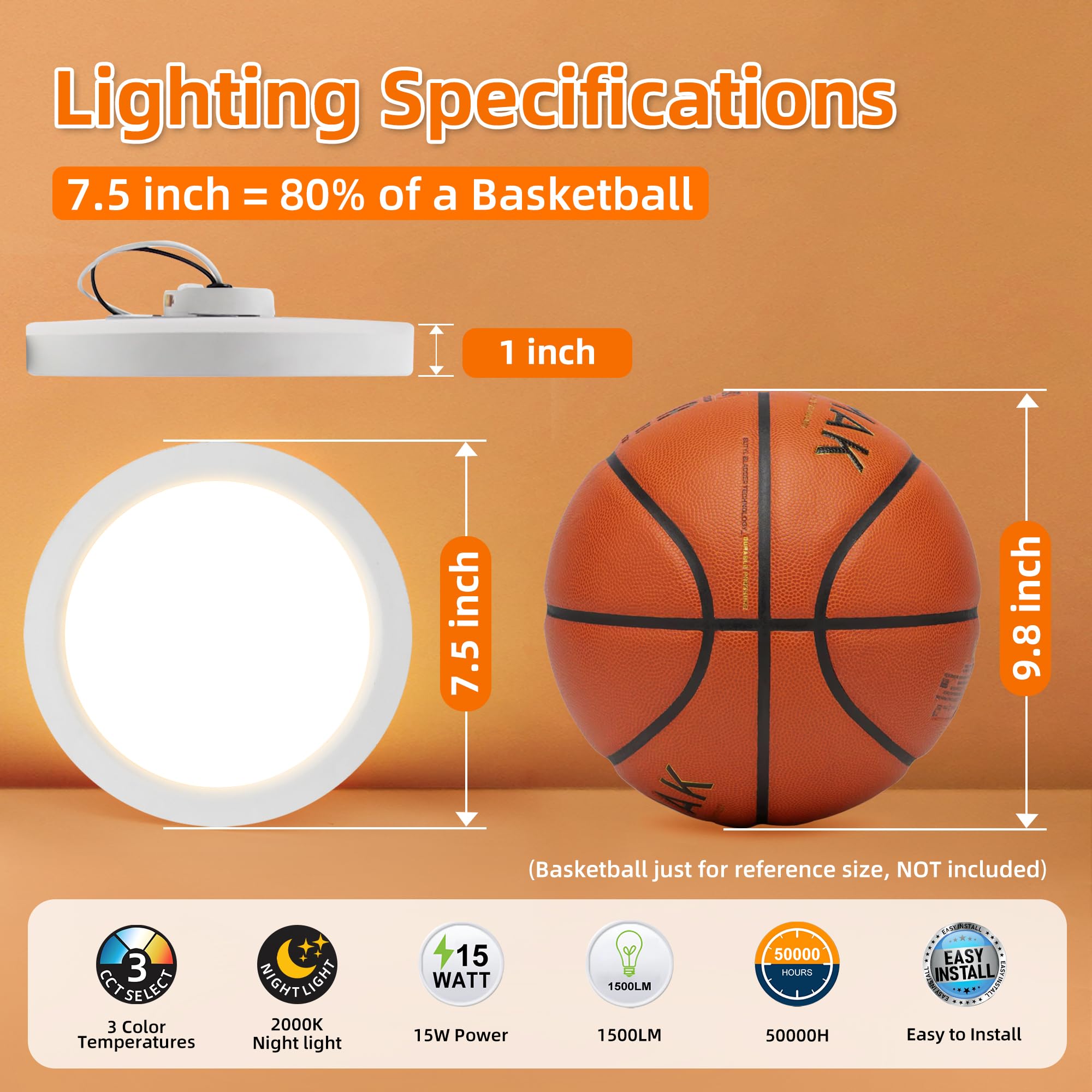Hlite 7.5 Inch Flush Mount LED Ceiling Light, Dimmable, CRI90, 15W, 1500 LM, Selectable 3000K/4000K/