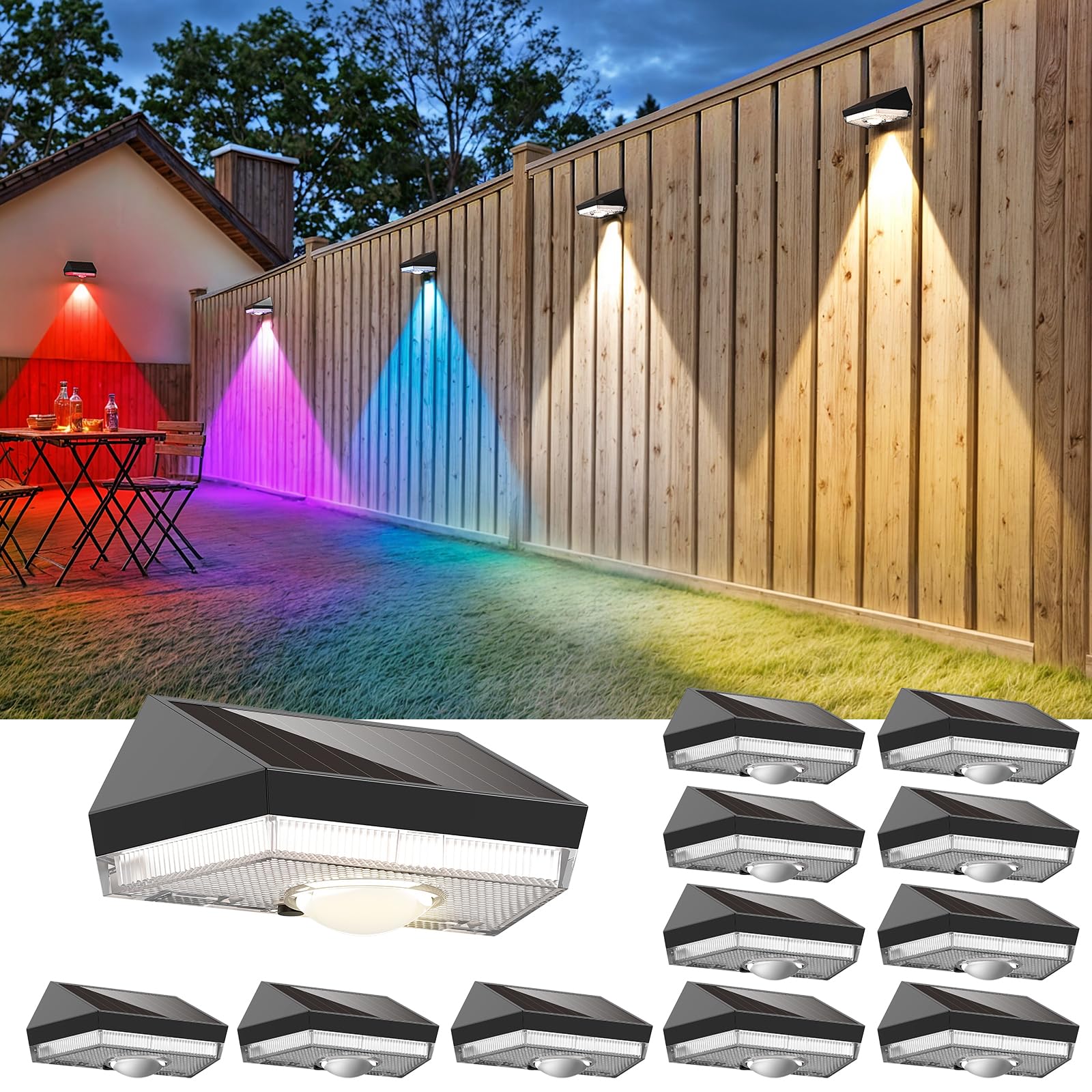 Solar Fence Lights,Warm White & Cool White & RGB 7Colors & Color Changing Mode IP65 Waterproof Solar Lights Outdoor, Solar Deck 