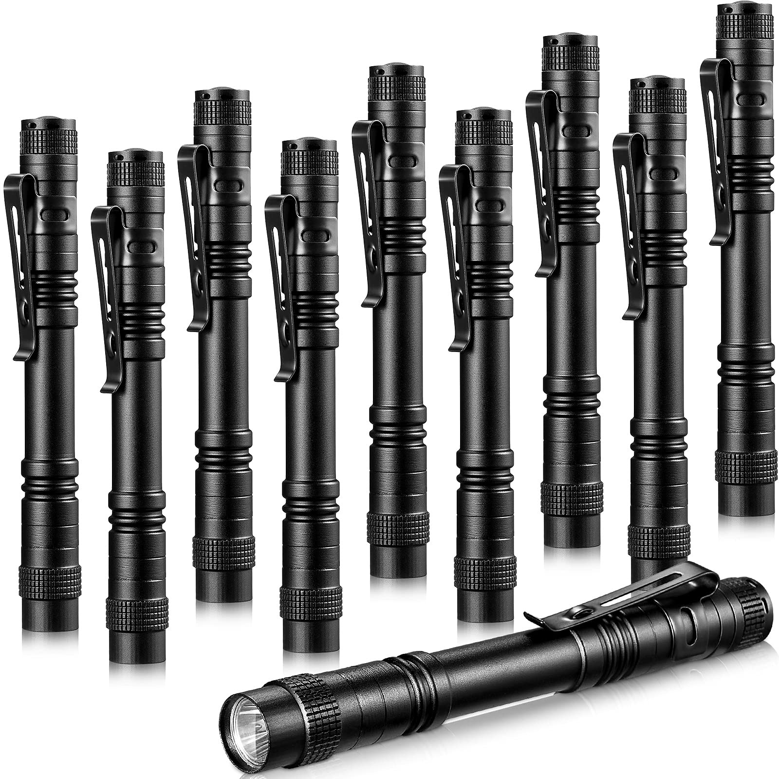 Honoson Mini Pen Light Flashlight, 10 Pieces, Aluminum, 5.2 Inches, Black, Pocket Size with Clip for Camping and Emergency Use
