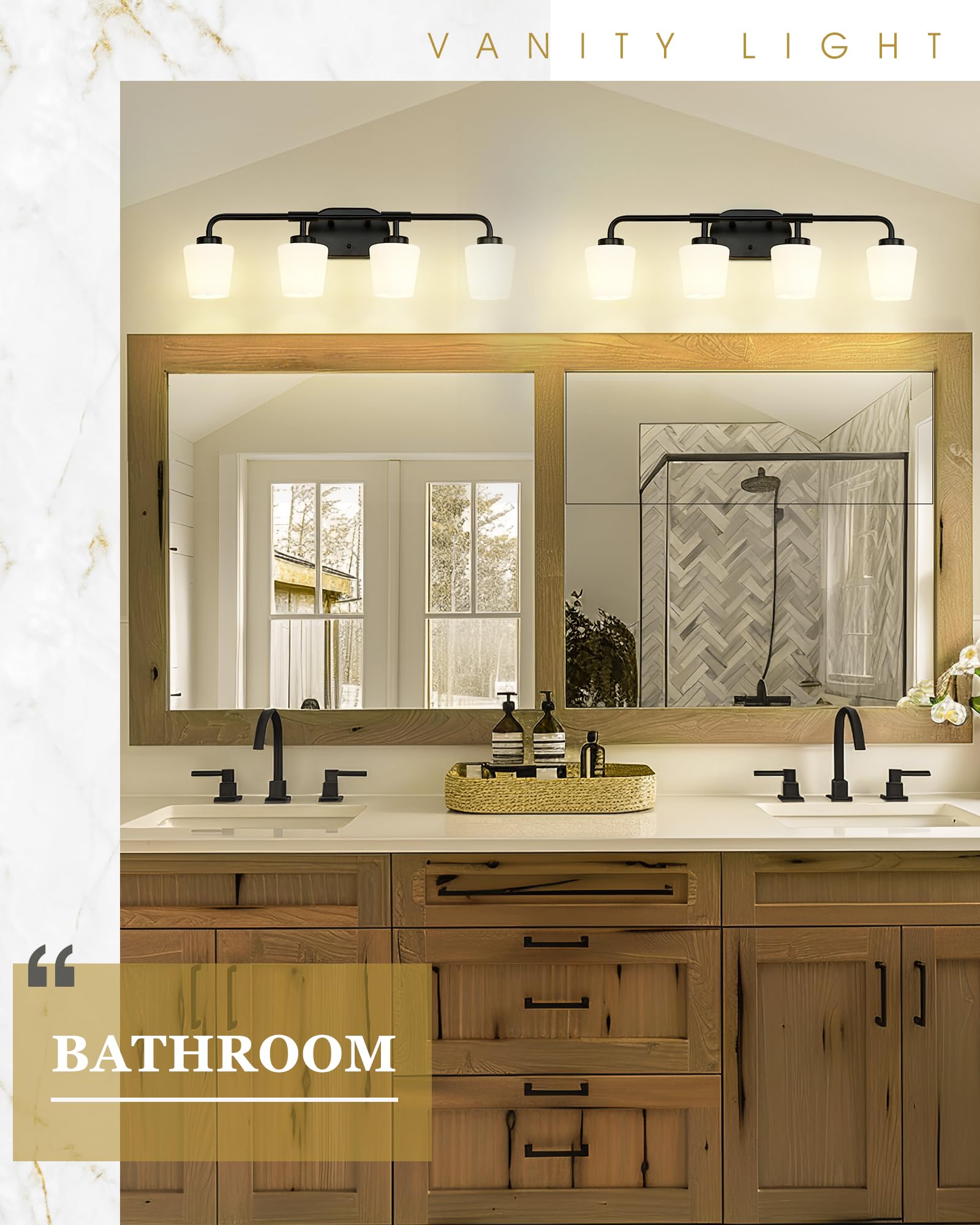 Audickic Bathroom Light Fixtures Over Mirror, 4-Light Matte Black Vanity Lighting Fixtures With Milk White Glass, Vintage Farmhouse Wall Sconces Lighting, Ad-22004-4W-Bk