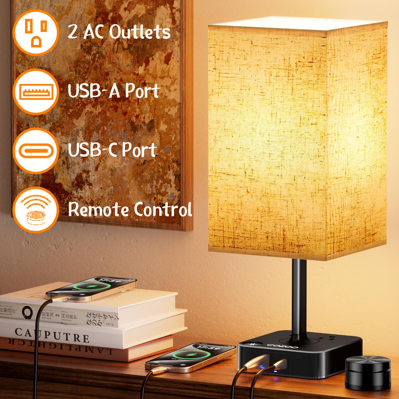 Bedroom Table Lamp With Remote Operation Control,Dimmable Bedside Table Desk Lamps With Usb C+A Charging Ports 2 Ac Outlets,Nigh