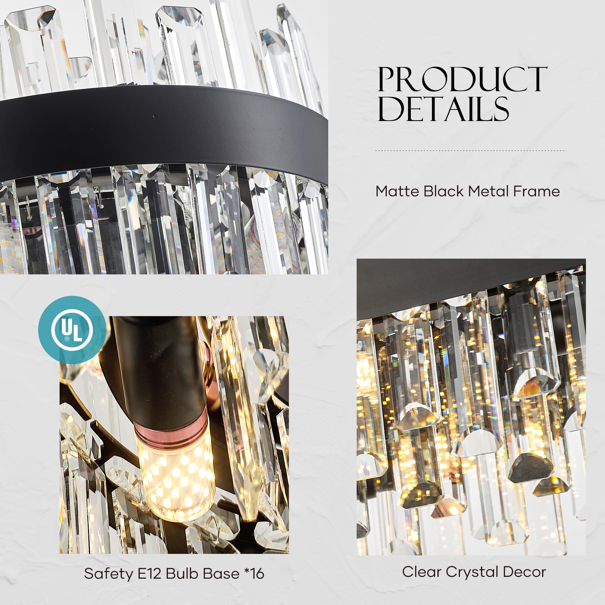 Lighceac 39 Modern Black Rectangle Crystal Chandelier Light Fixtures For Kitchen Island stylish Linear Crystal Chandeliers For Dining Room 16-Light Long Hanging Pendant Lighting For Entryway Foyer Bar