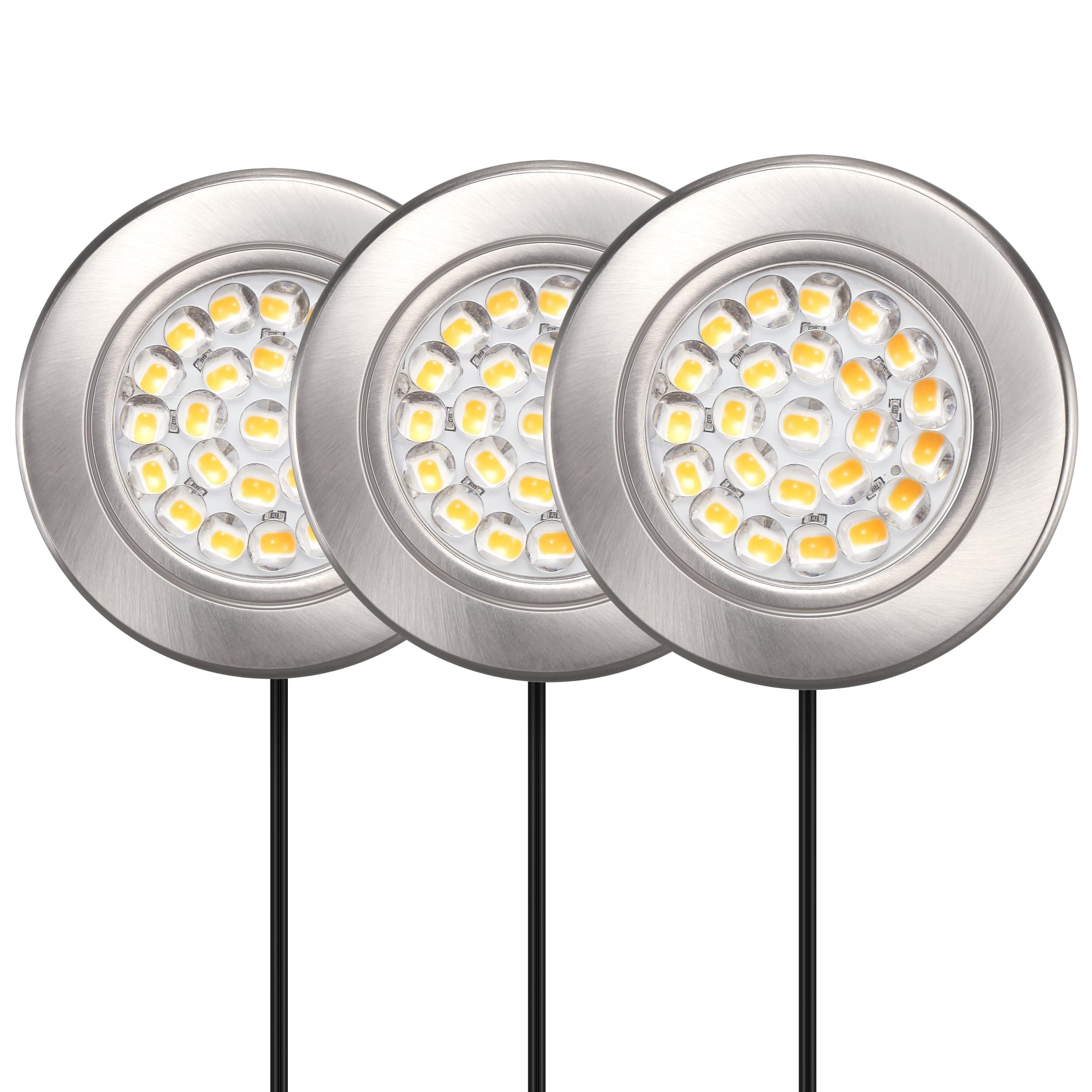 GETINLIGHT 2.5 Wide 3000K Dimmable LED Puck Lights Kit, Plug-in Installation with Recessed or Surface Mounted, Brushed Nickel Fi