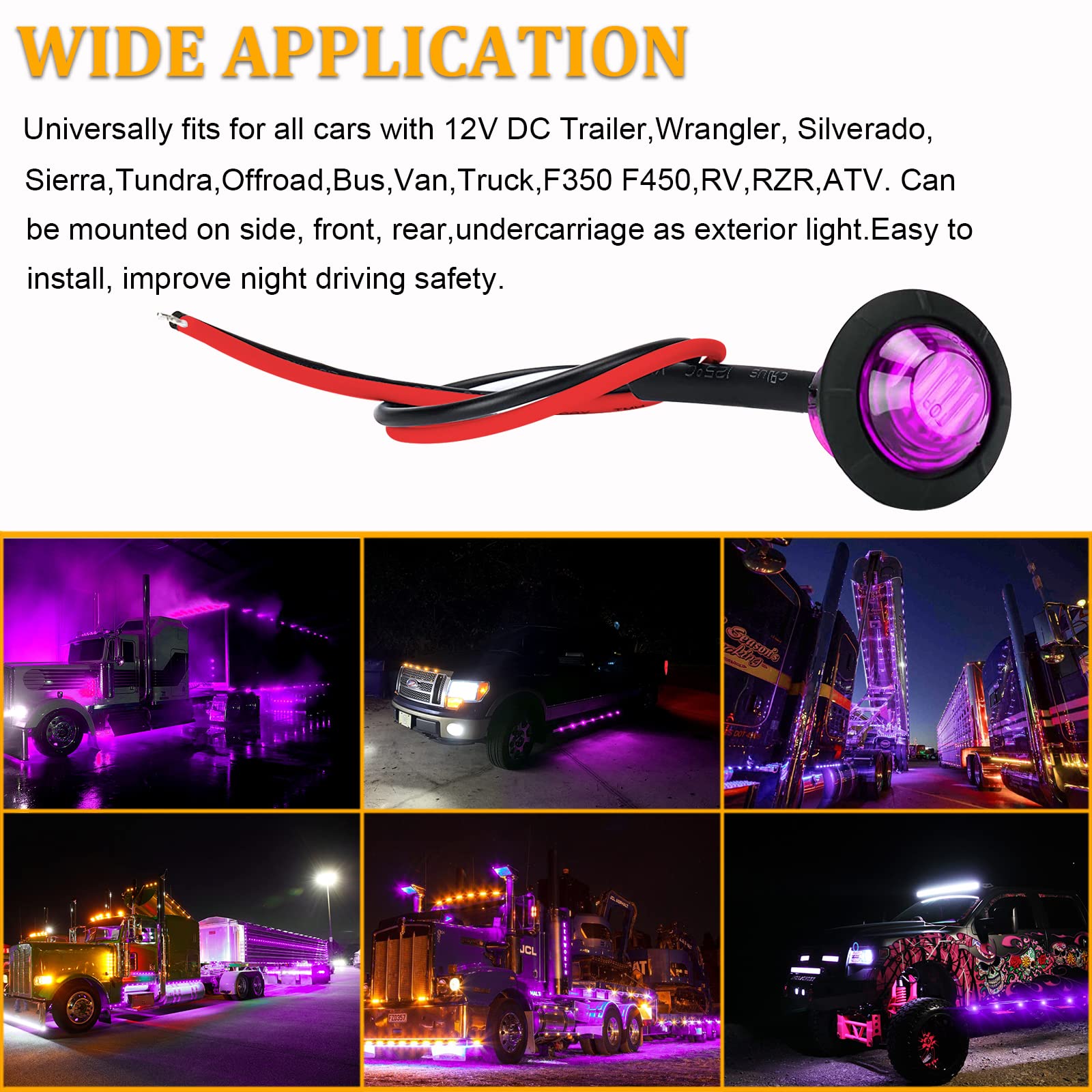 Pseqt 3/4&quot; Led Rock Lights Round Underglow Side Marker Clearance Wheel Fender Light W/Bullet Grommet Waterproof For Trailer Pickup Truck Golf Cart Offroad Wrangler Rv Utv Atv (Purple 10Pcs)