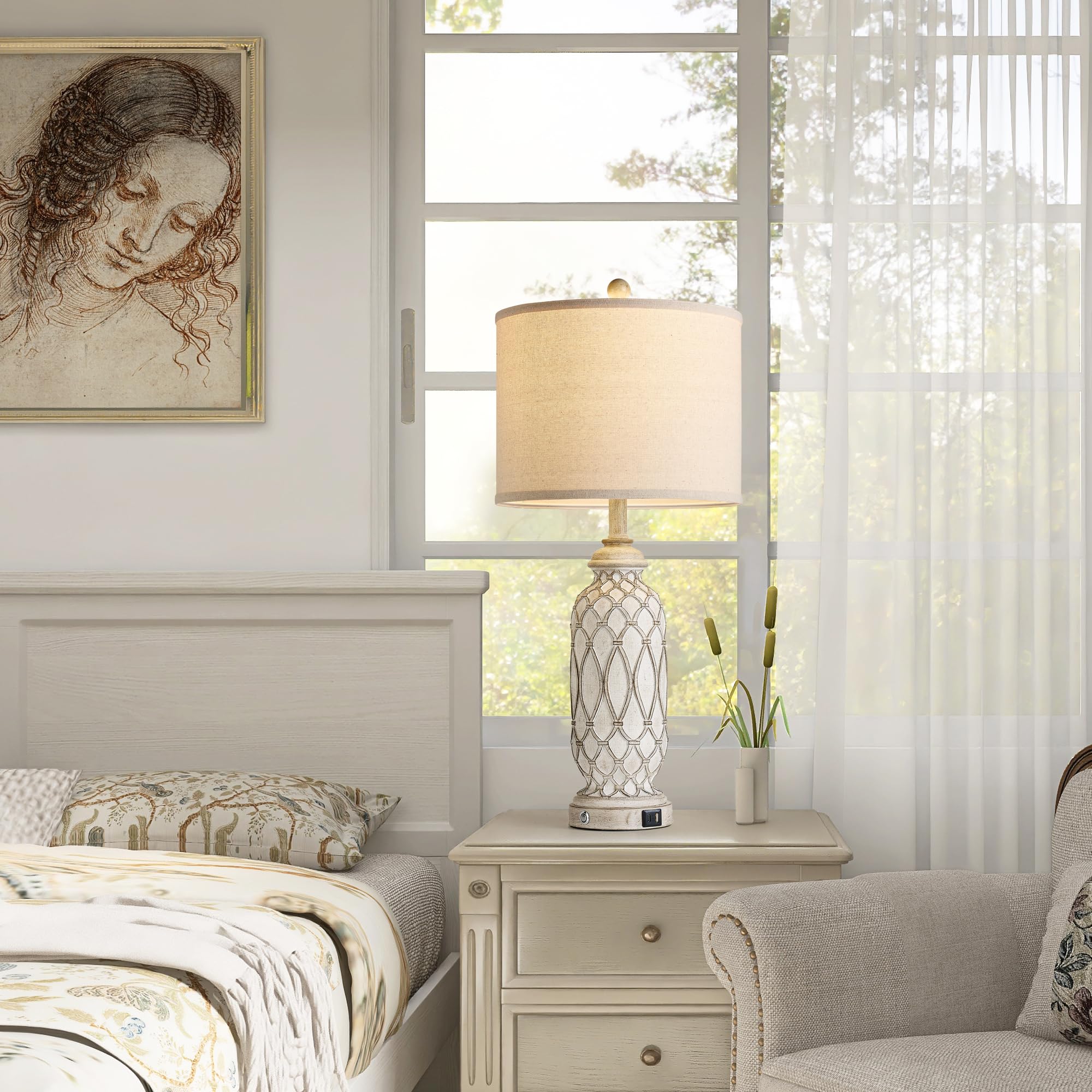 Ireliare 28'' Table Lamps For Living Room Set Of 2, Farmhouse Lamps For Bedroom With Usb A+C Charging Ports, Touch Lamps For Nig