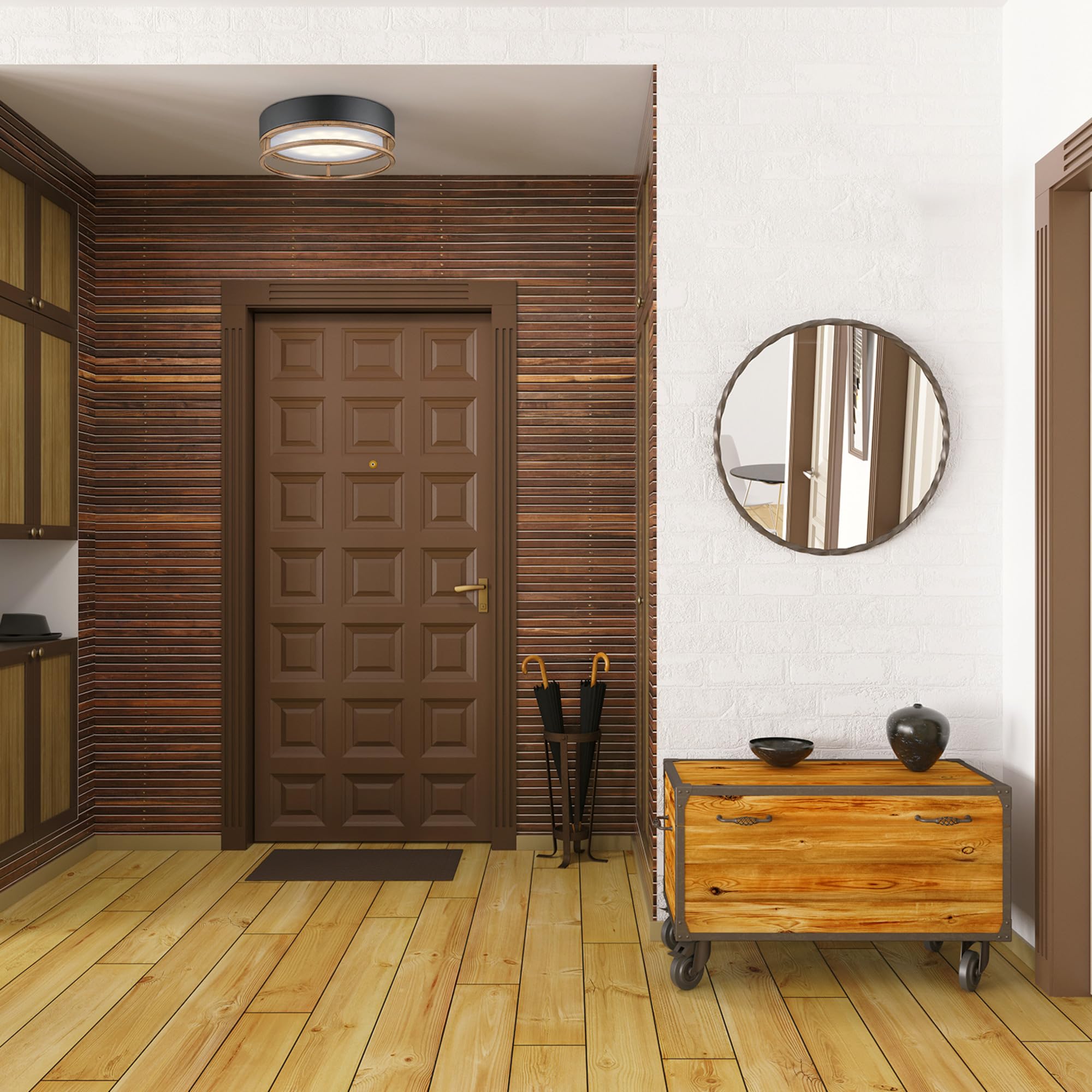 Globe Electric Ray 18.5W LED Flush Mount Ceiling Light, Matte Black, Faux Wood Accent, 800 Lumens, Model 44663