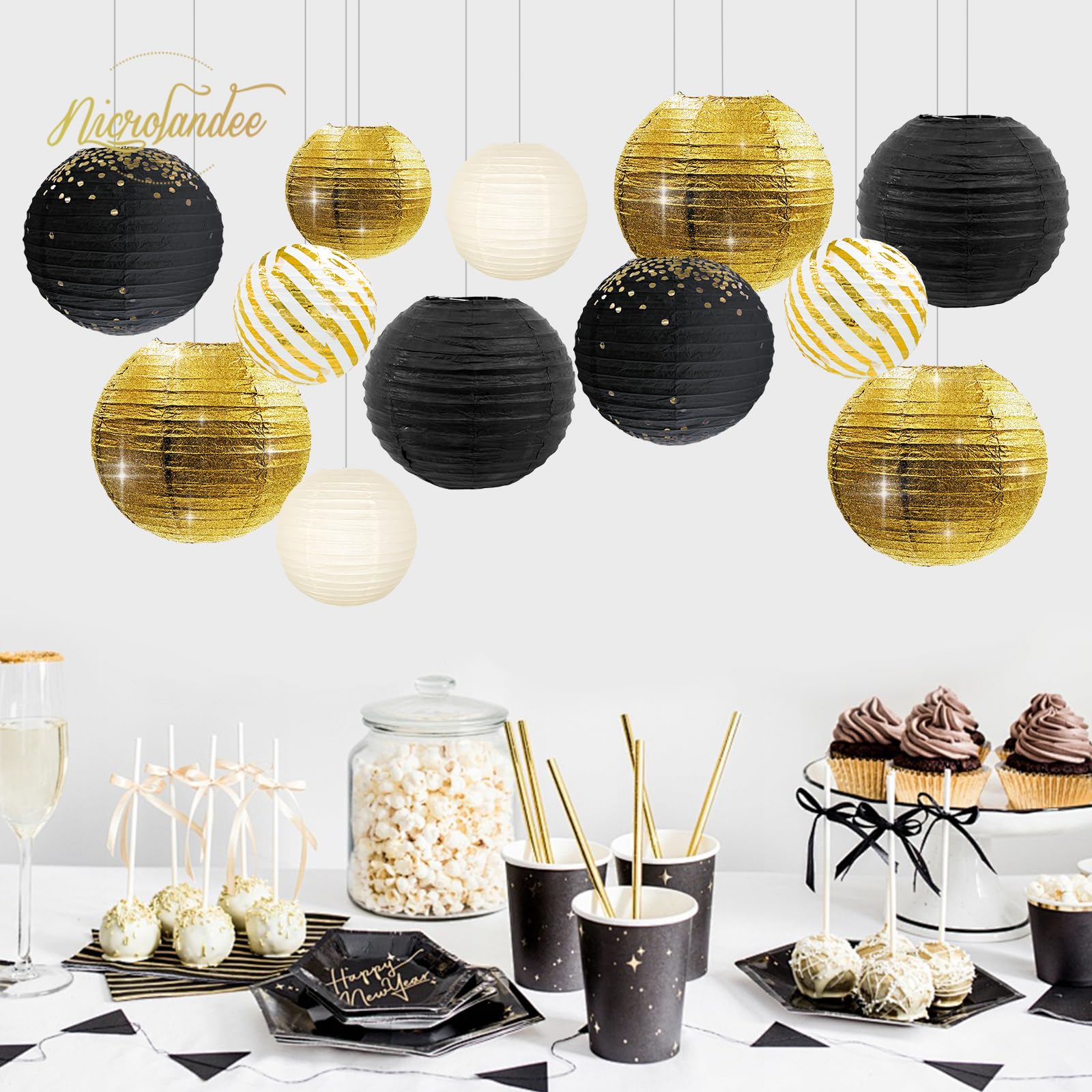 Nicrolandee 12Pcs Black Gold Foil Paper Lanterns For Weddings, Birthdays, And Parties