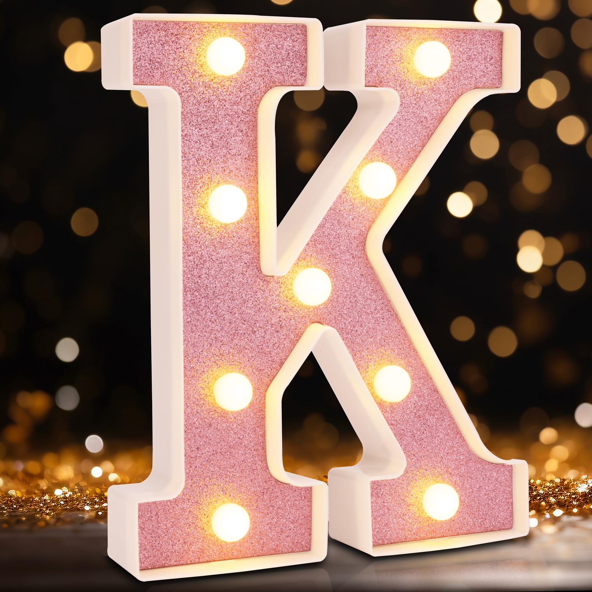 DyingSwan Small LED Marquee Letter K, 8.58in Lighted Sign, Pink Glitter, Battery-Powered Plastic Decor for Parties and Events