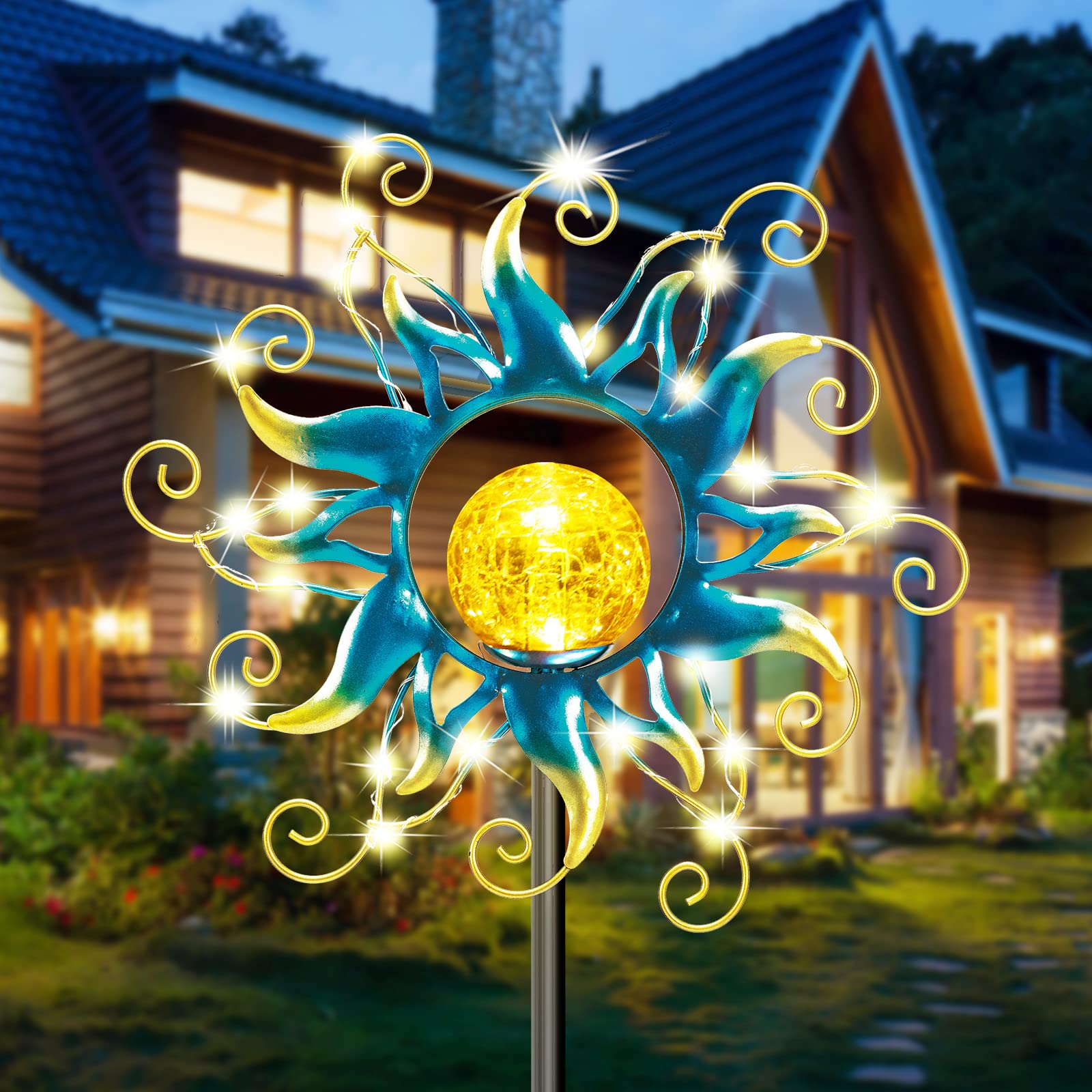 Kacux Solar Garden Metal Sun Lights, Decorative LED Lamps, Golden Blue, Model TYD01