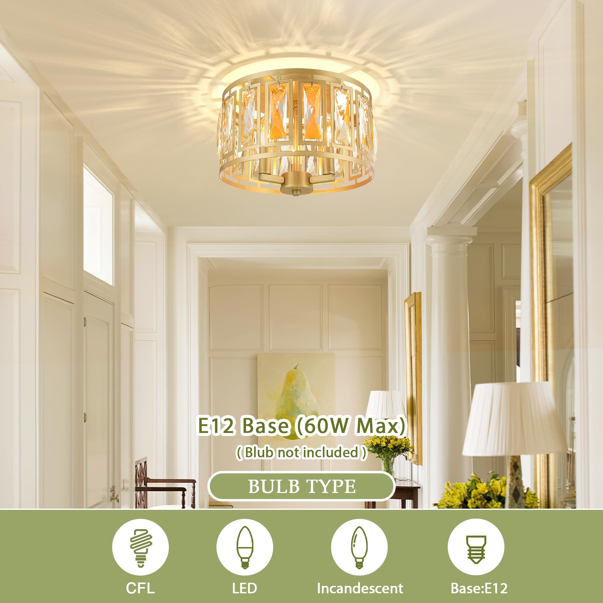 Gold Crystal Flush Mount Ceiling Light, Mini Chandelier Crystal Ceiling Light Fixture For Entryway Bedroom Barthroom Hallway Clo