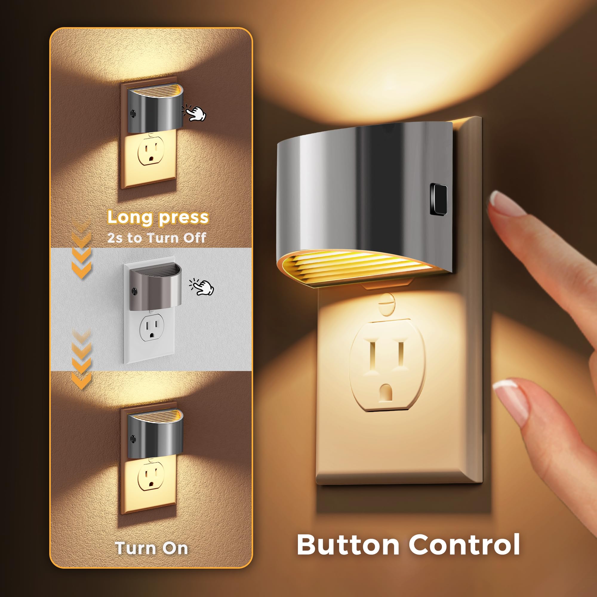 L LOHAS LED Night Lights - Dimmable 3-Level Brightness, 3000K Soft White, Grey, 2 Pack, Model GY10702CHUS-2