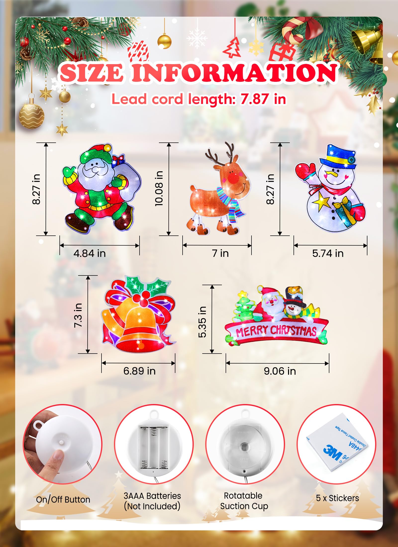 5pcs Window Christmas Lights Decorations, Battery Operated with Suction Cup Hook Hanging Light Up Santa Claus Reindeer Xmas Snow