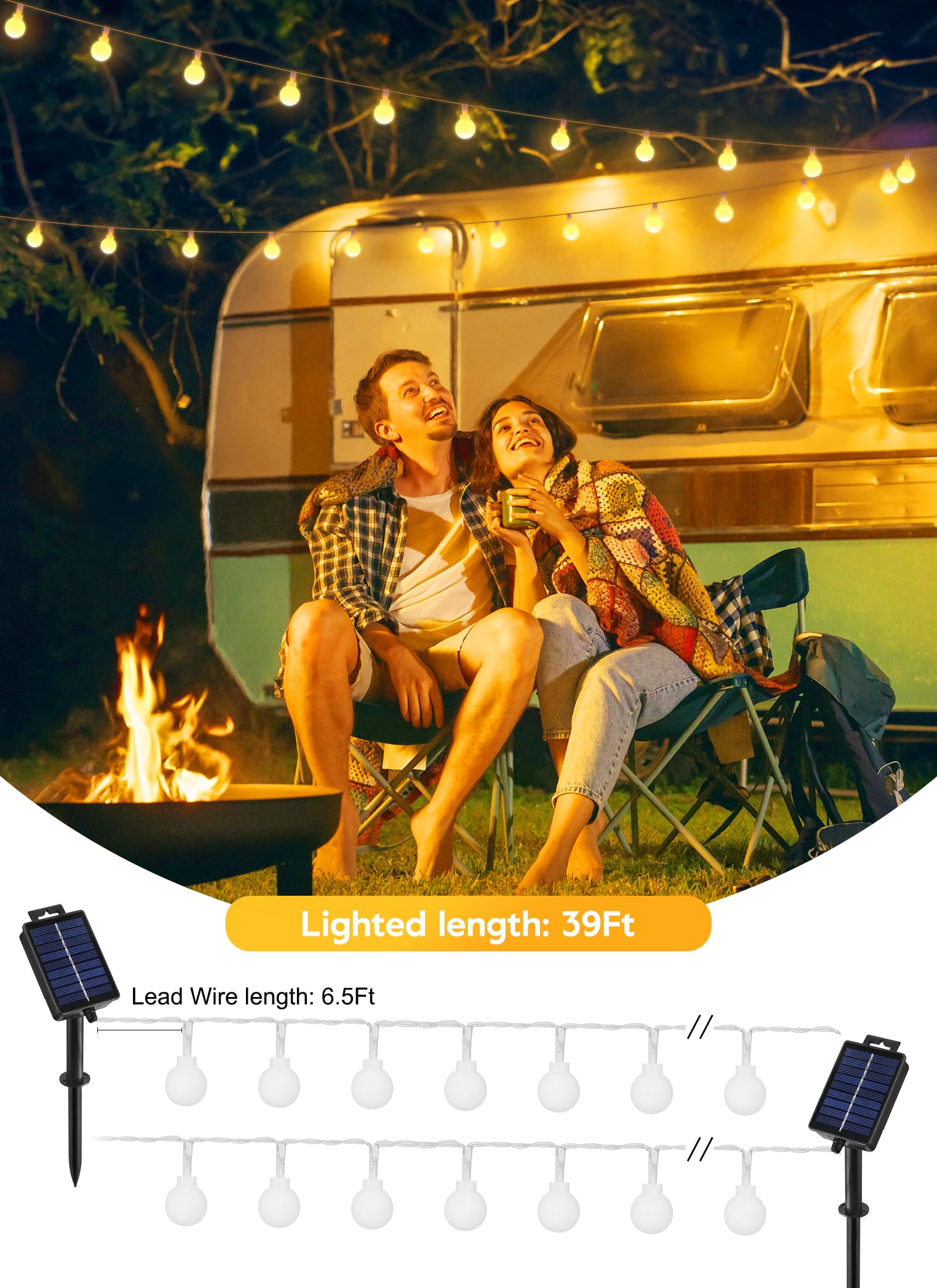 Brightown Solar String Lights - 39Ft, 120 LED, Waterproof, 8 Modes, Warm White, 2 Packs, Globe Model for Yard, Patio, Canopy Party