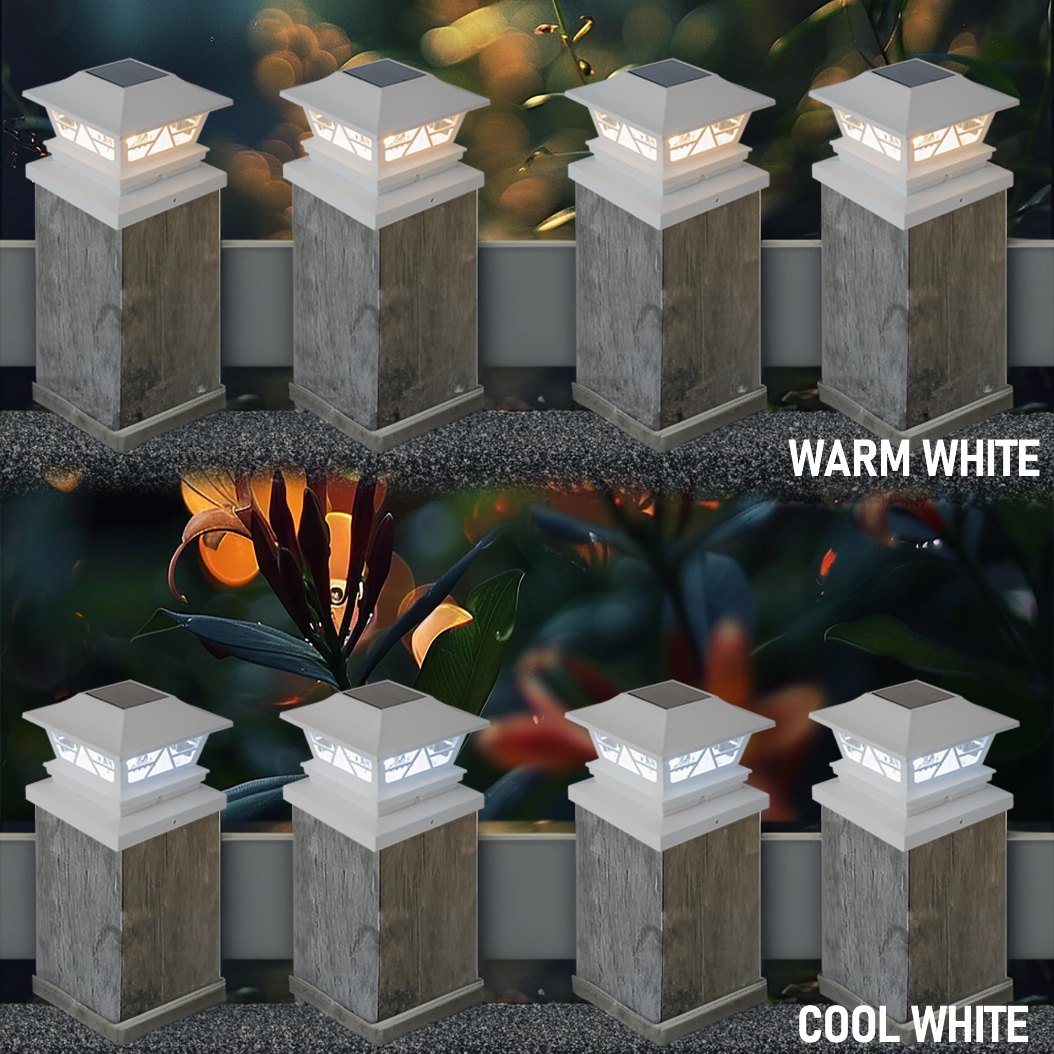 TW SHINE Solar Outdoor Fence Post Lights, 8 Pack, Waterproof, Warm White/Cool White, for 4x4 5x5 6x6 Wood Posts, White