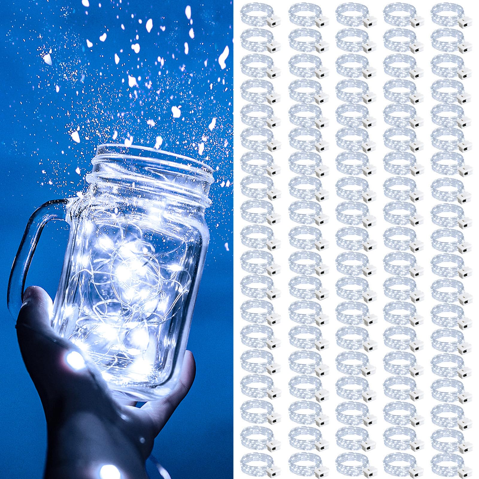 ZGWJ Fairy Lights 100 Pack, 20 LED Twinkle String Lights, 7FT, Battery Operated, White, Model A01-Mini for Indoor/Outdoor Decoration