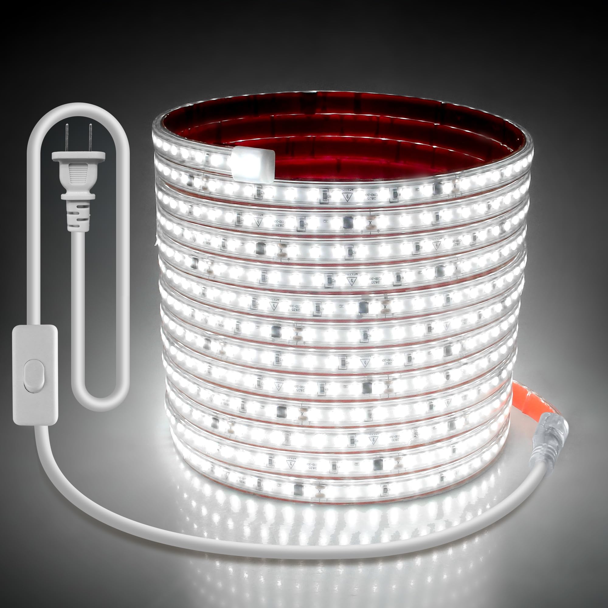 Samsion White LED Band Lights 110V for Bedroom 20FT Adhesive Flexible Outdoor Waterproof LED Rope Light for Outside AC 110V-120V 2835 120LED/M LED Tape Light with Switch Plug in for Bedroom Indoor
