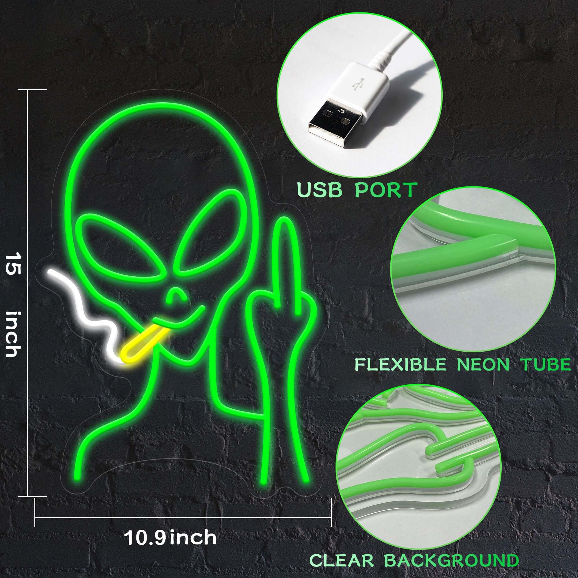 HAJAE Green Alien Neon Sign - Dimmable LED Wall Decor, 15.75 x 11 inches, Perfect for Bedroom, Man Cave, Game Room, Home Bar