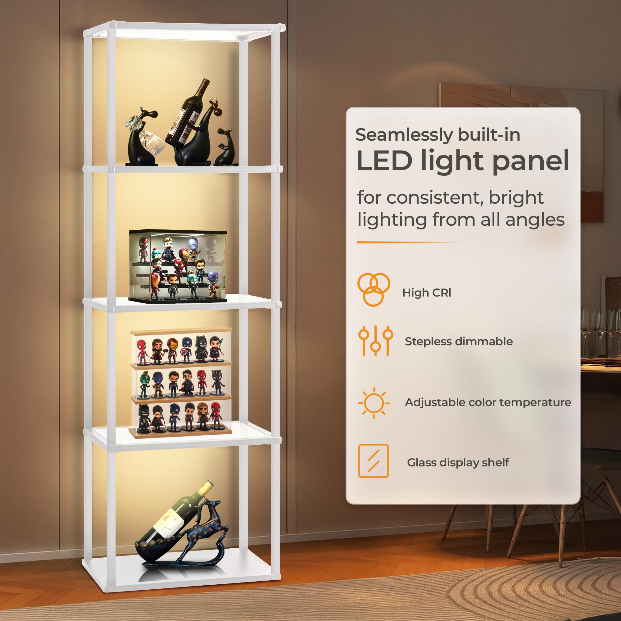 Wio-Mio Tall Display Shelf Floor Lamp, Dimmable LED, 3 Color Temperatures, White, Model PFL-026, Sturdy Glass Curio Cabinet