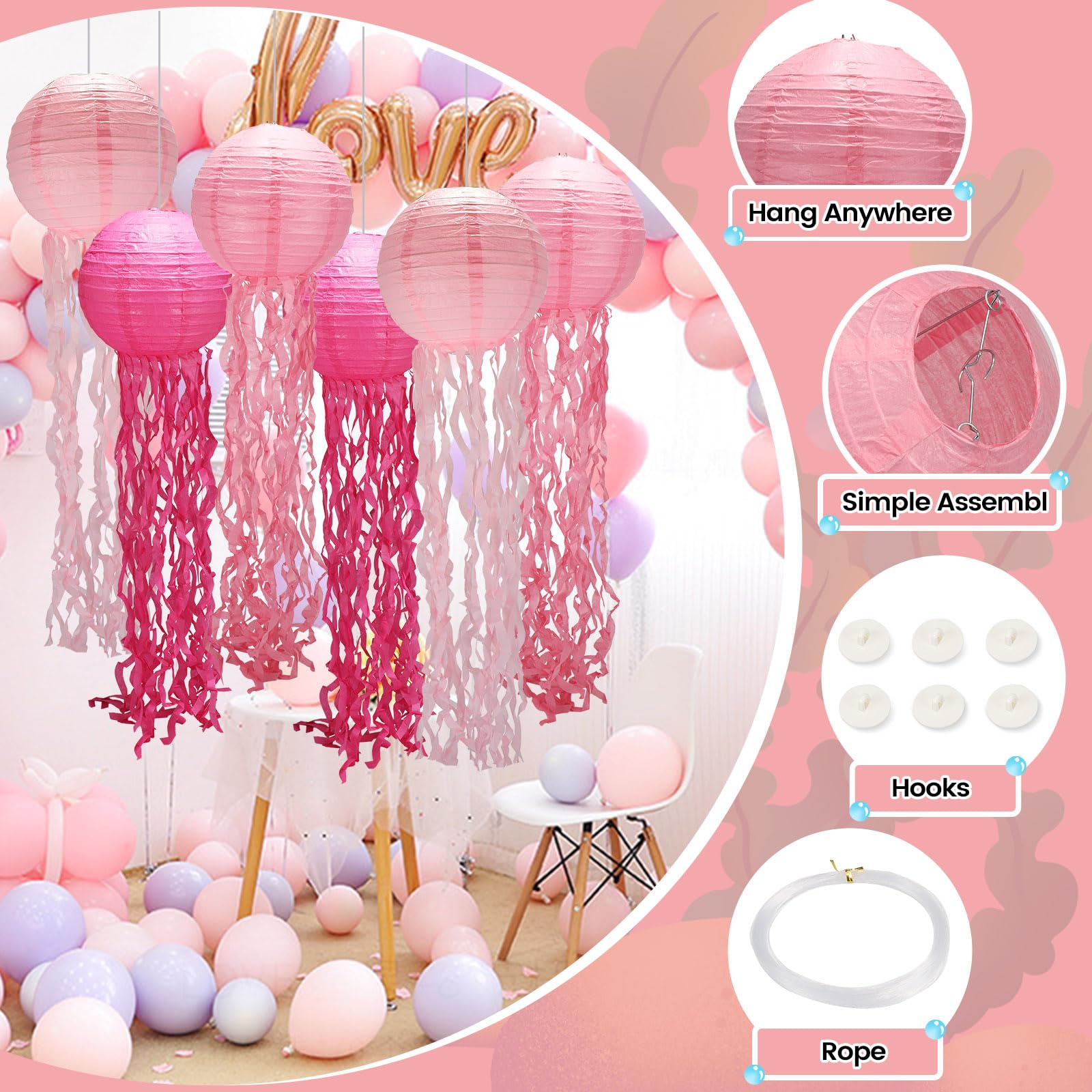 Jellyfish Decorations,Pink Jellyfish Lanterns 6Pack, Jellyfish Decor With String And Hooks For Under The Sea,Mermaid Birthday,Oc